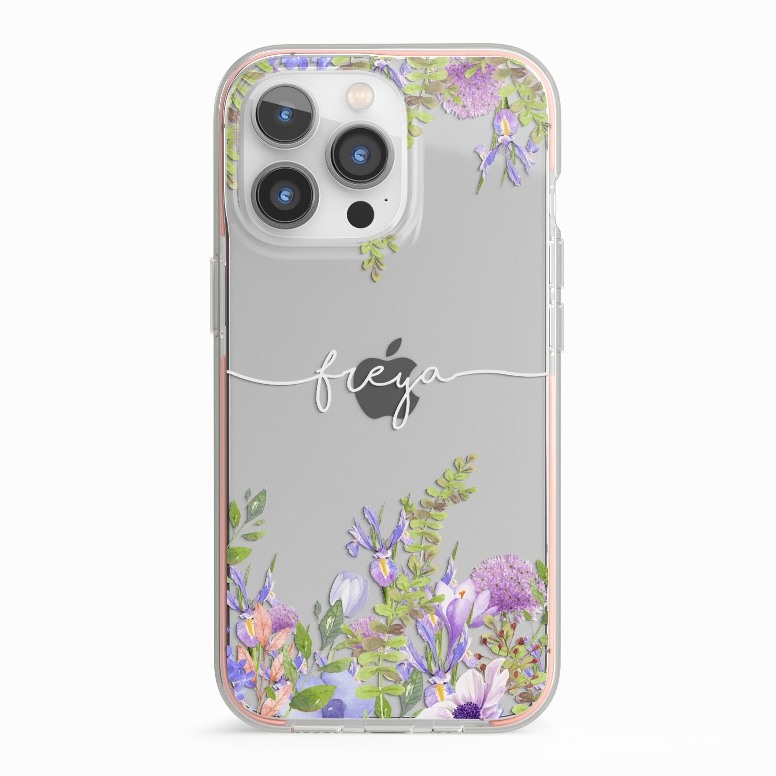 Personalised Purple Flowers iPhone 13 Pro TPU Impact Case with Pink Edges