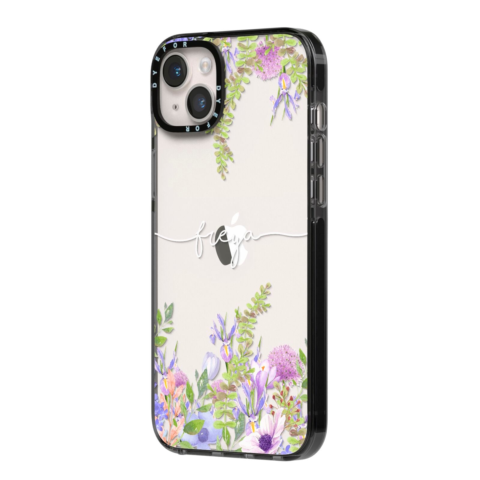 Personalised Purple Flowers iPhone 14 Plus Black Impact Case Side Angle on Silver phone