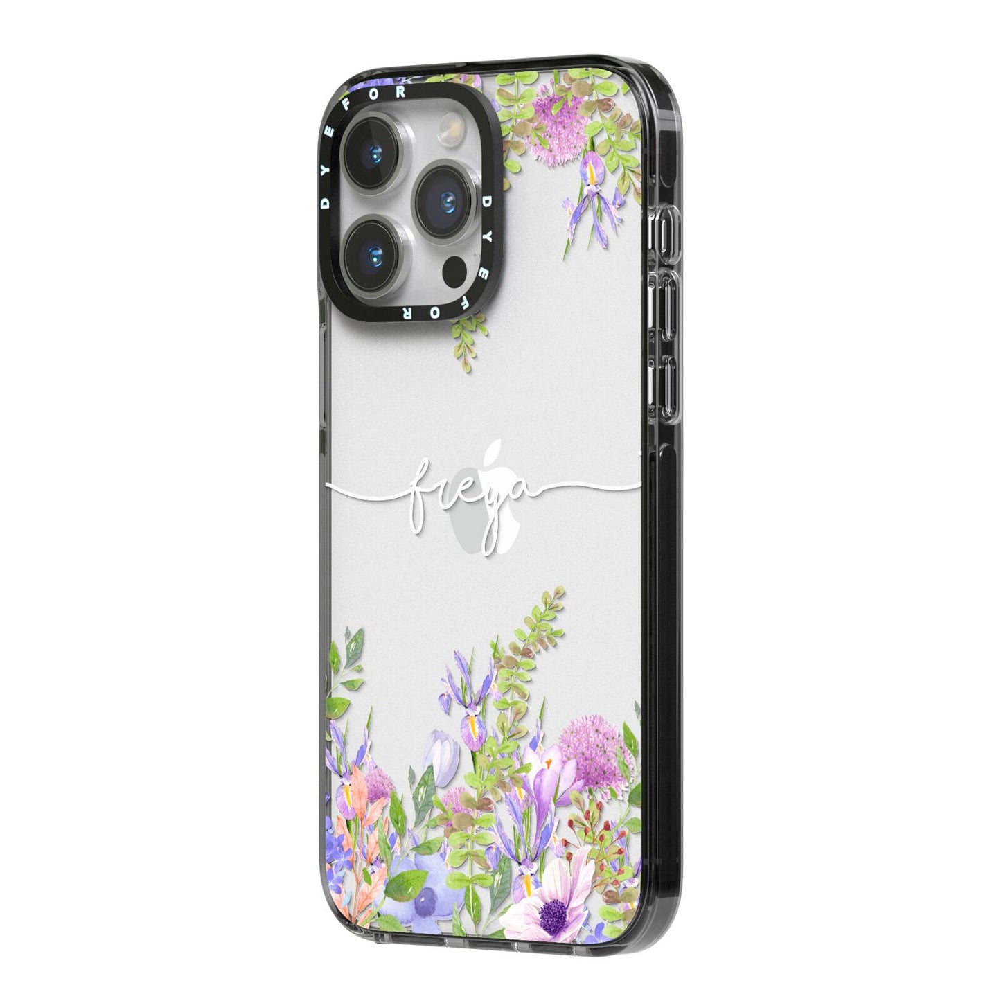 Personalised Purple Flowers iPhone 14 Pro Max Black Impact Case Side Angle on Silver phone
