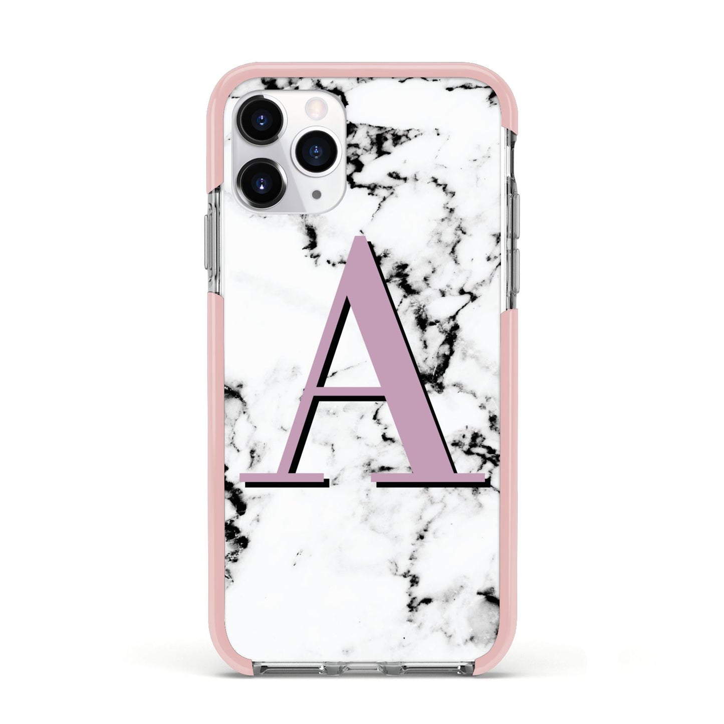 Personalised Purple Single Initial Marble Apple iPhone 11 Pro in Silver with Pink Impact Case