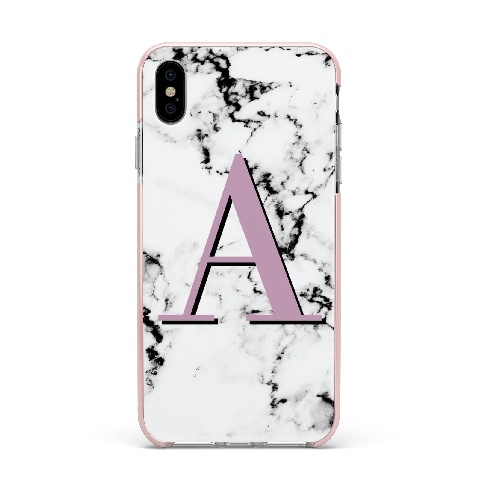 Personalised Purple Single Initial Marble Apple iPhone Xs Max Impact Case Pink Edge on Silver Phone