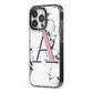 Personalised Purple Single Initial Marble iPhone 13 Pro Black Impact Case Side Angle on Silver phone