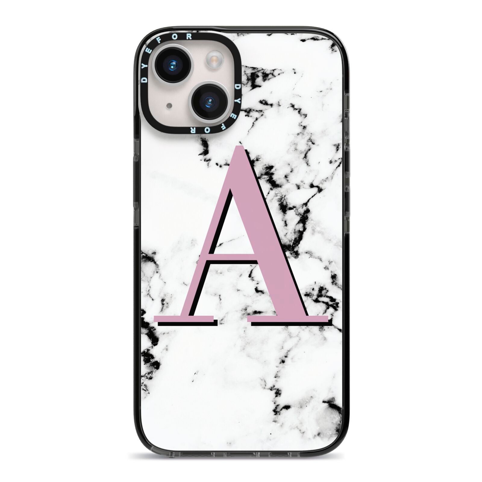 Personalised Purple Single Initial Marble iPhone 14 Black Impact Case on Silver phone