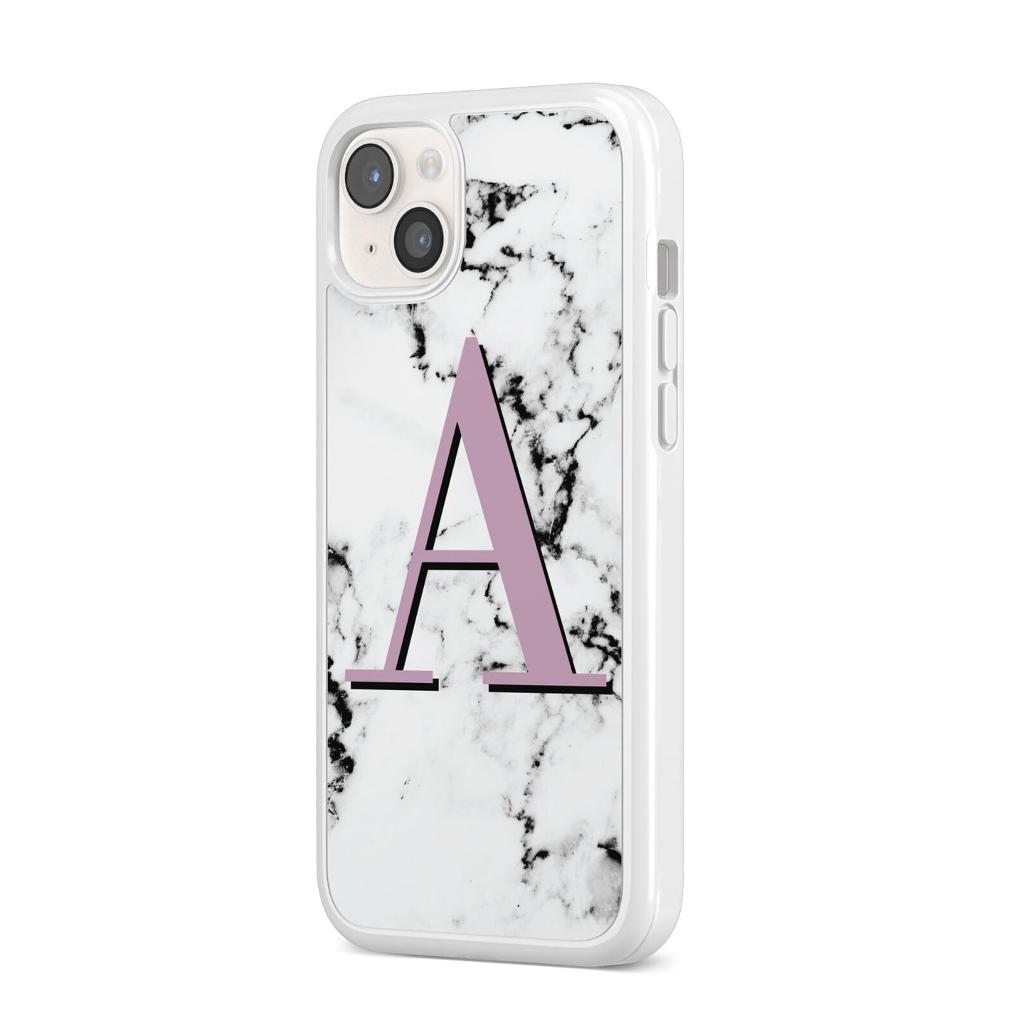 Personalised Purple Single Initial Marble iPhone 14 Plus Clear Tough Case Starlight Angled Image