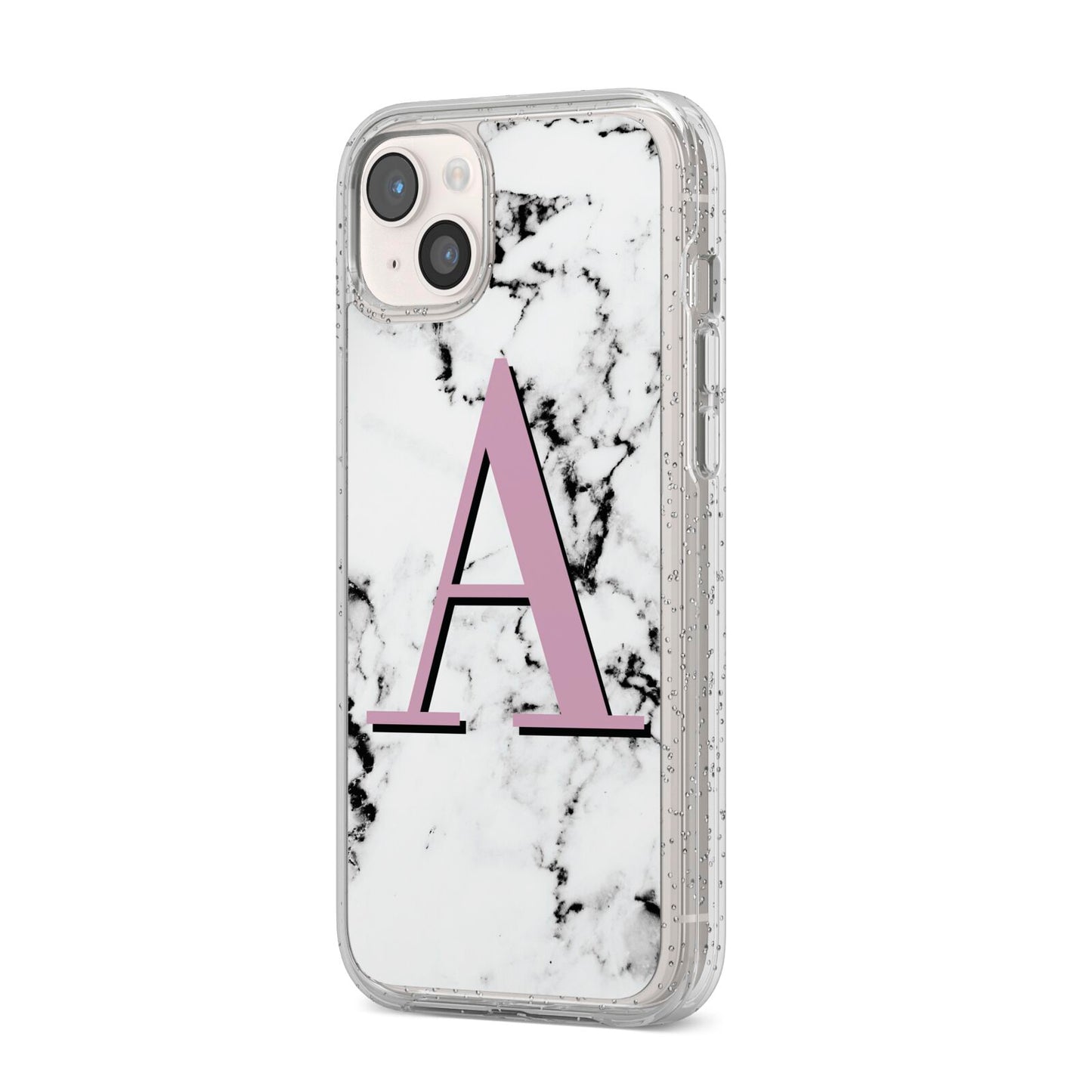 Personalised Purple Single Initial Marble iPhone 14 Plus Glitter Tough Case Starlight Angled Image