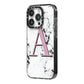 Personalised Purple Single Initial Marble iPhone 14 Pro Black Impact Case Side Angle on Silver phone