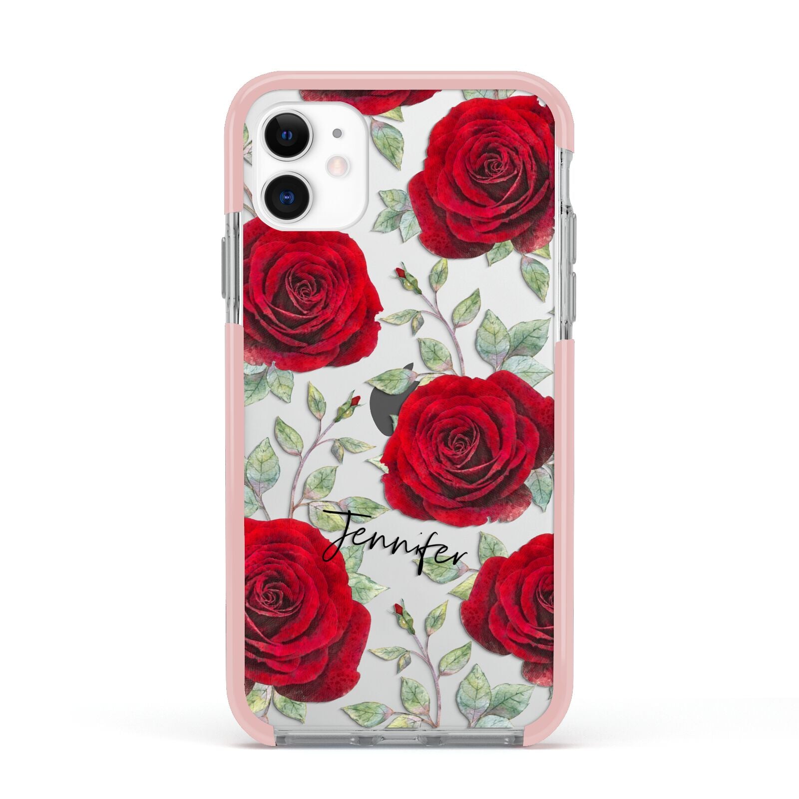 Personalised Red Roses Apple iPhone 11 in White with Pink Impact Case