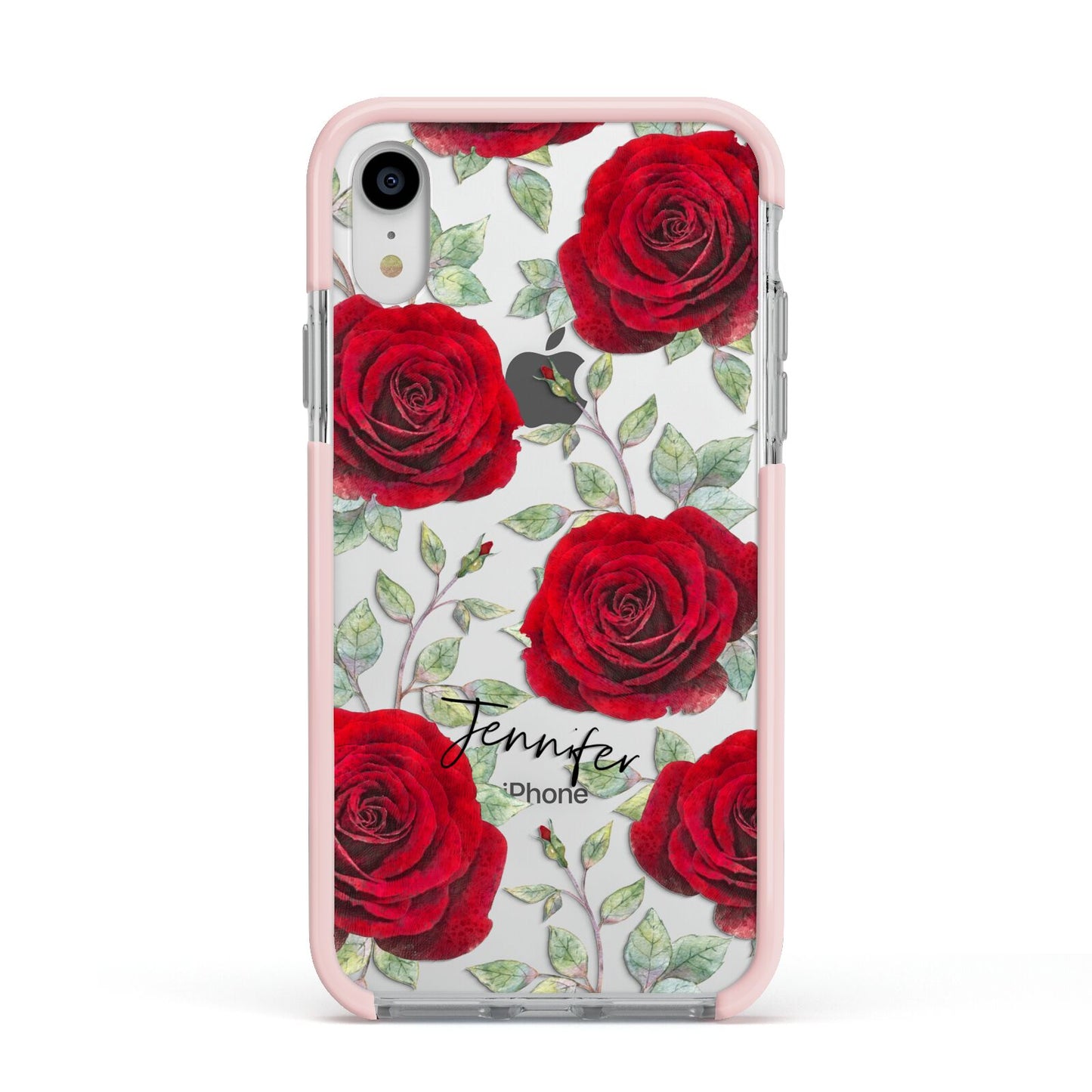 Personalised Red Roses Apple iPhone XR Impact Case Pink Edge on Silver Phone