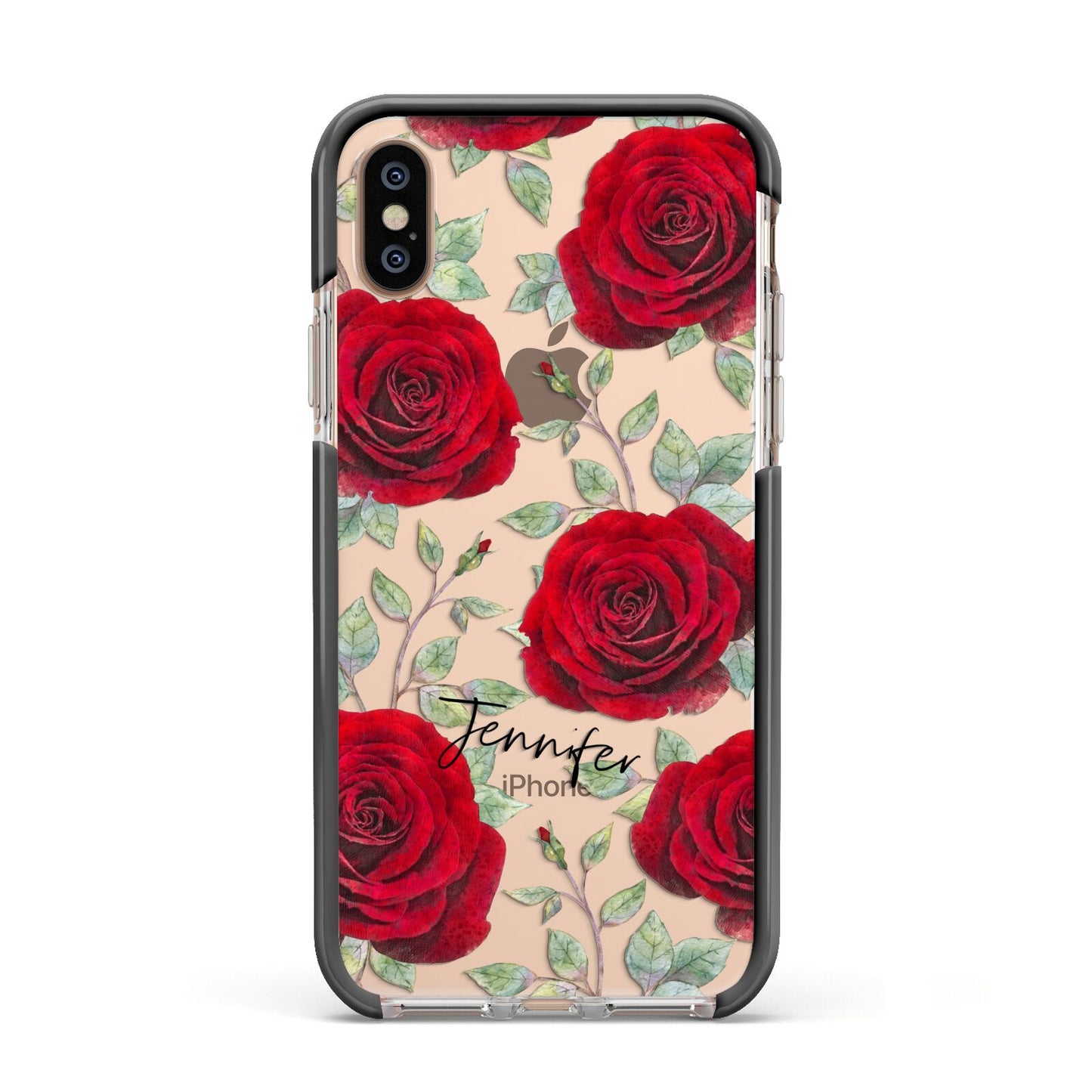 Personalised Red Roses Apple iPhone Xs Impact Case Black Edge on Gold Phone