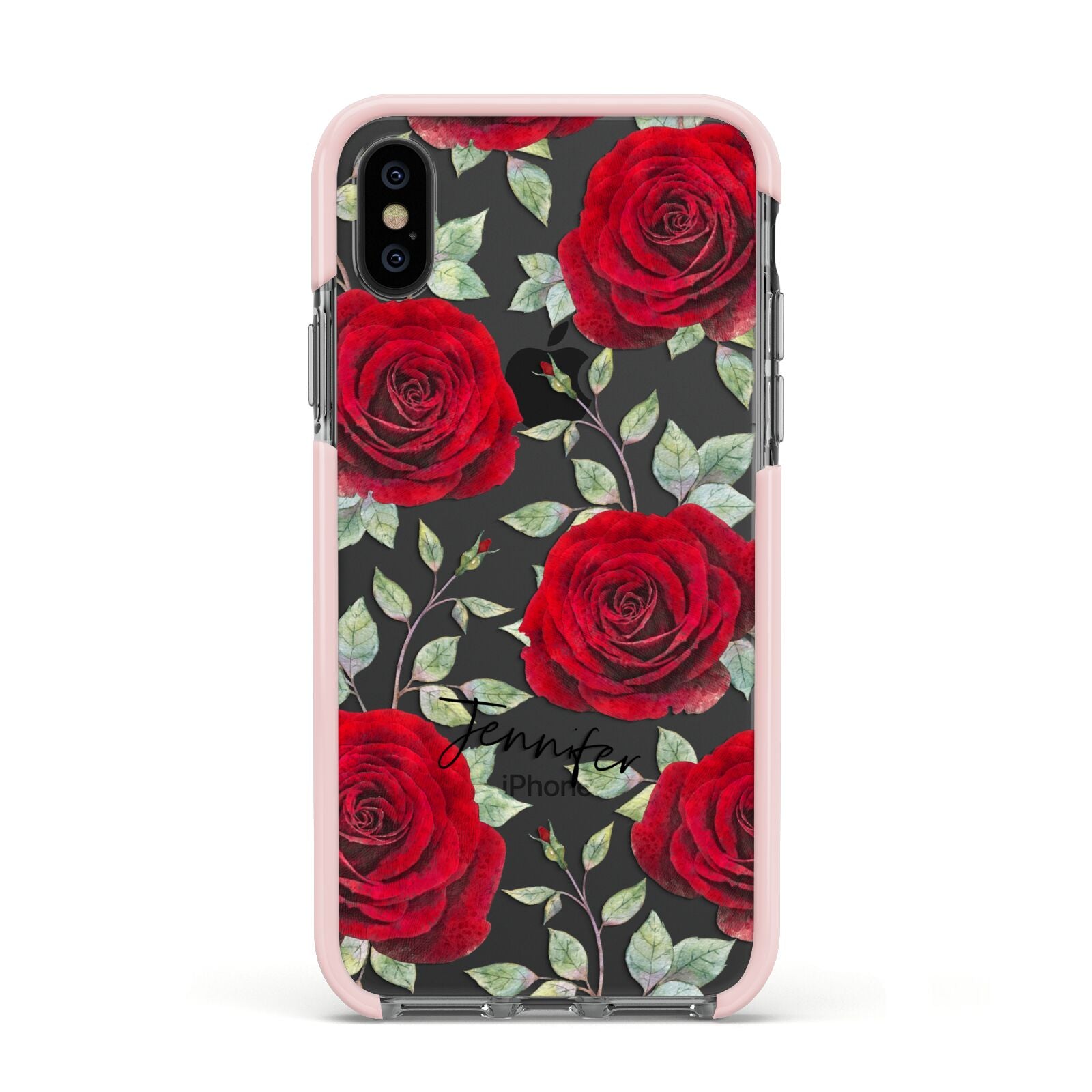 Personalised Red Roses Apple iPhone Xs Impact Case Pink Edge on Black Phone