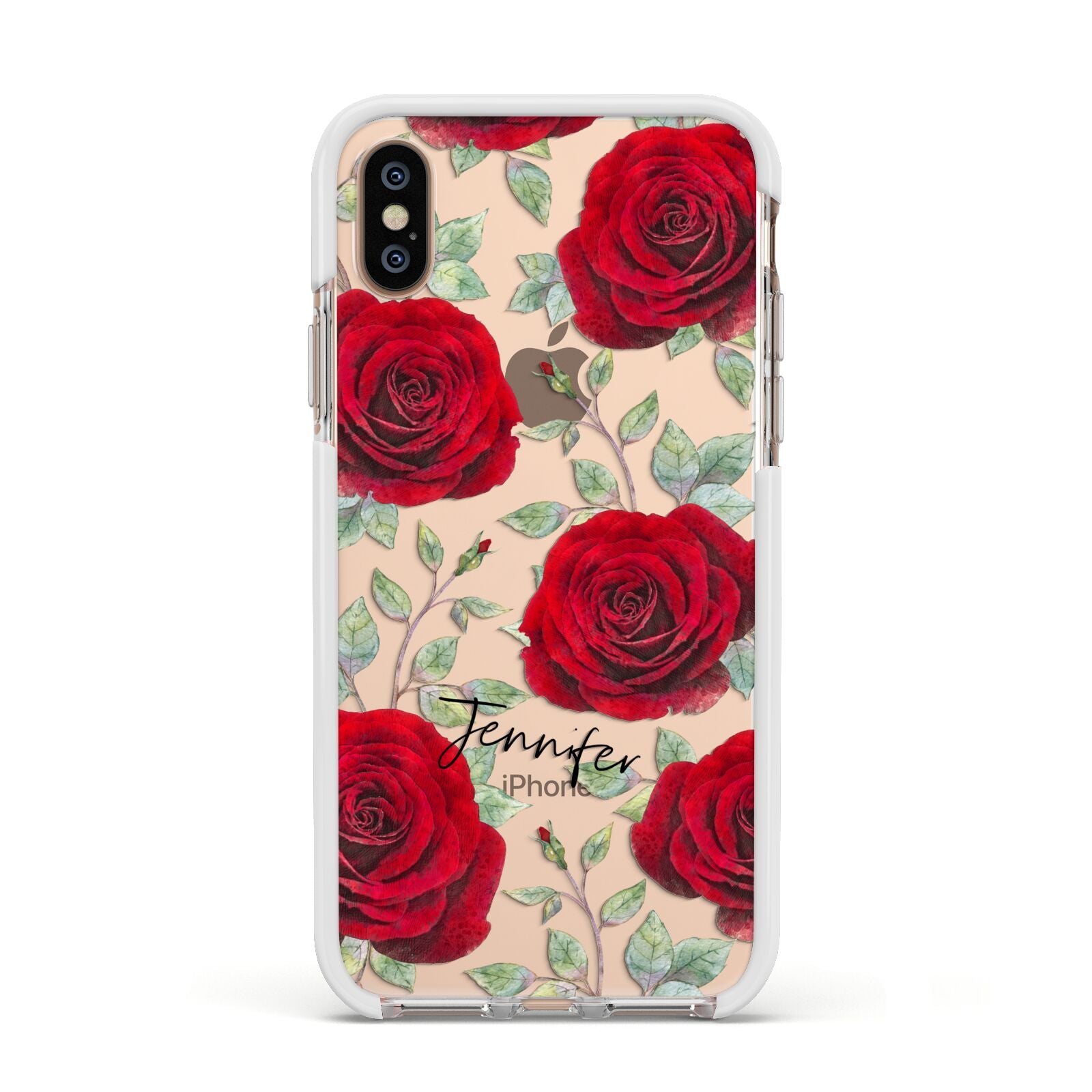 Personalised Red Roses Apple iPhone Xs Impact Case White Edge on Gold Phone