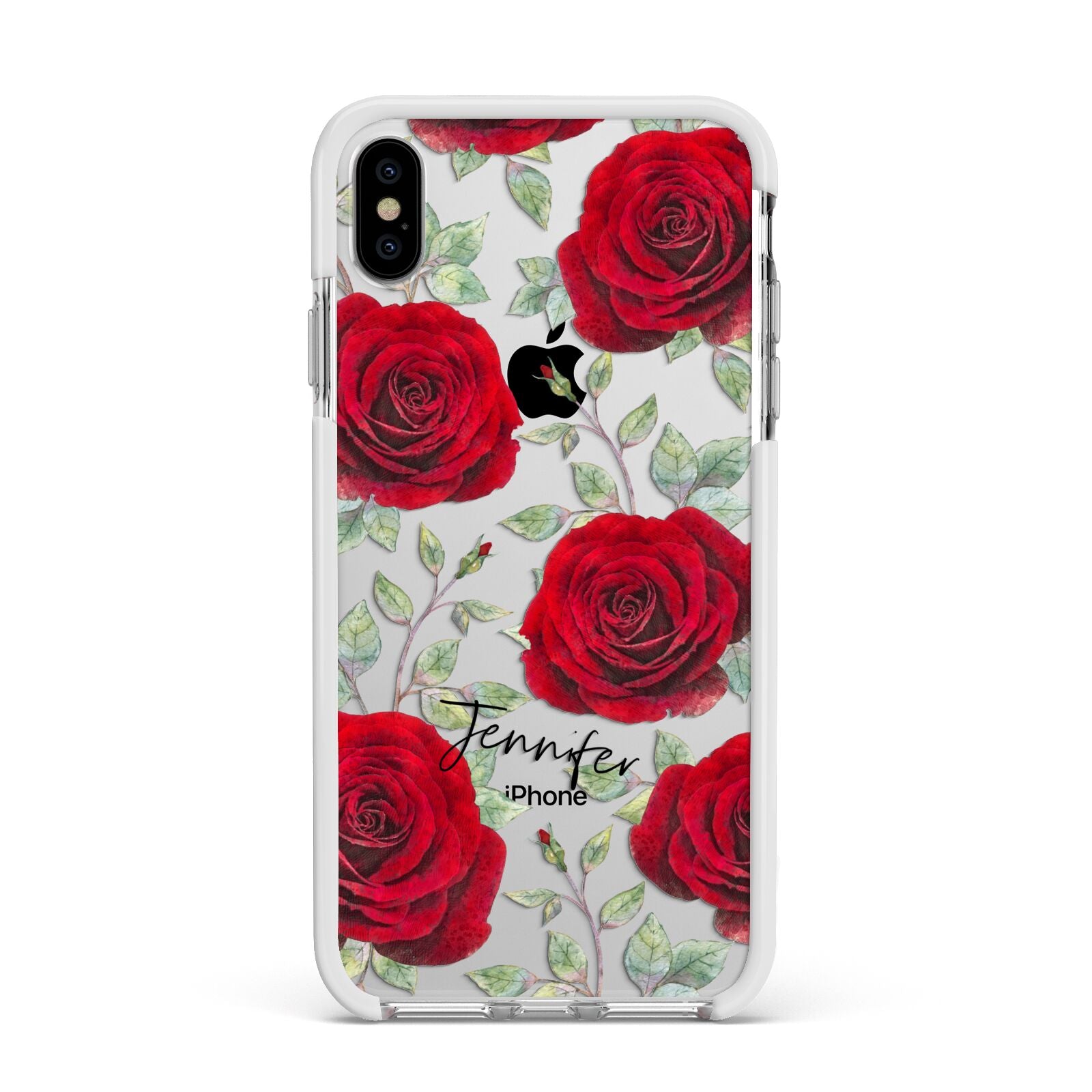 Personalised Red Roses Apple iPhone Xs Max Impact Case White Edge on Silver Phone