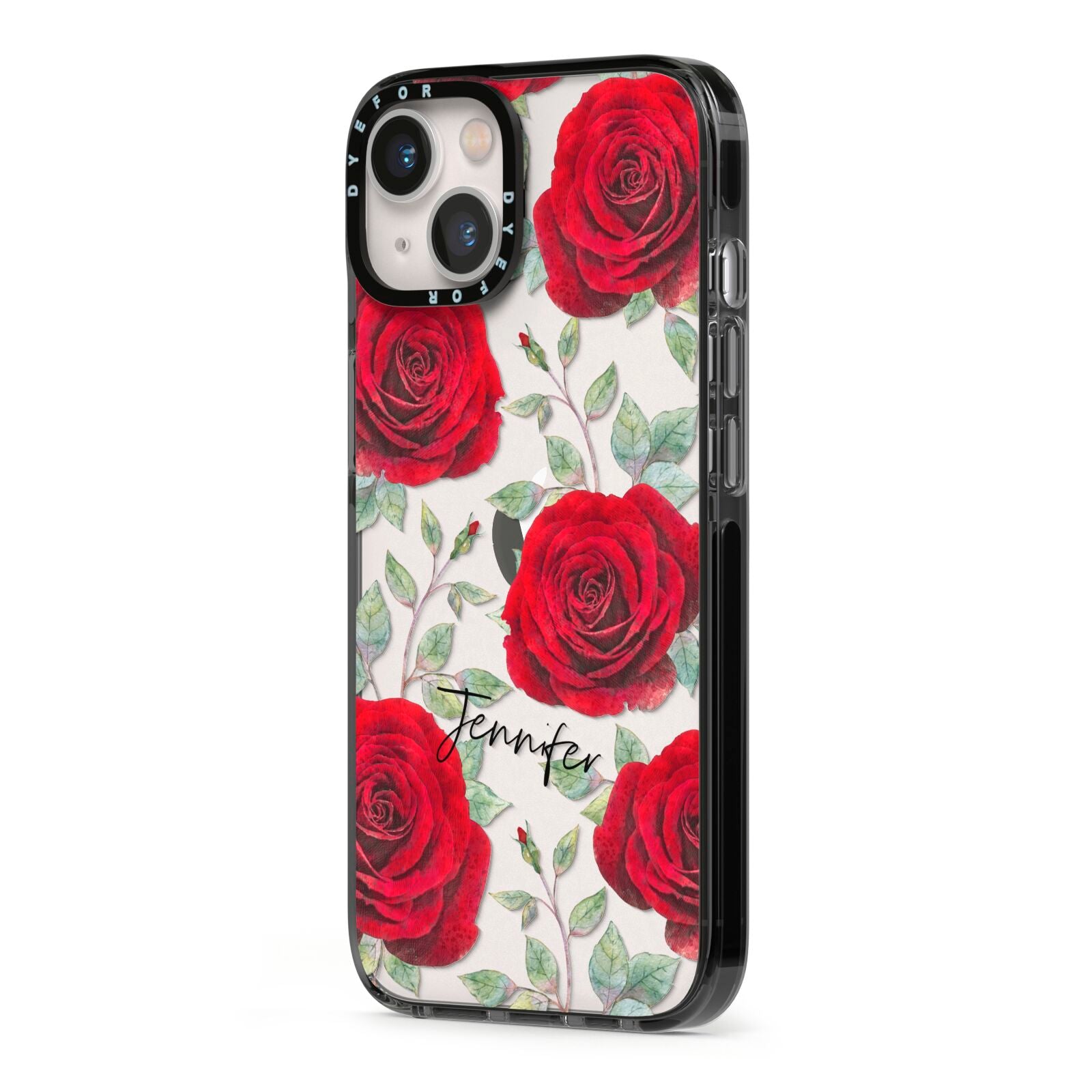 Personalised Red Roses iPhone 13 Black Impact Case Side Angle on Silver phone