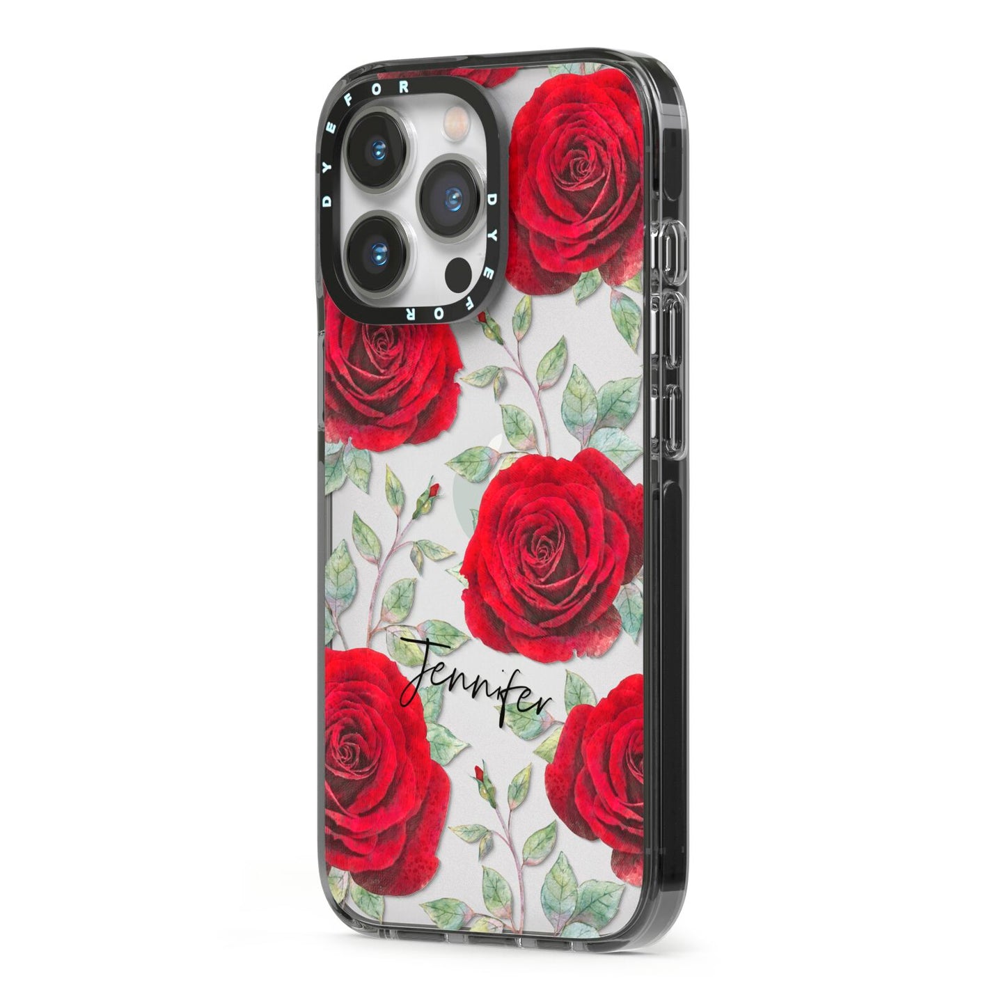 Personalised Red Roses iPhone 13 Pro Black Impact Case Side Angle on Silver phone