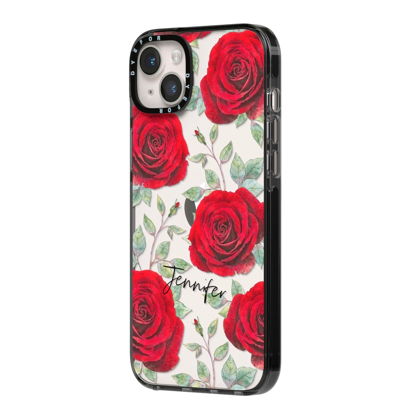 Personalised Red Roses iPhone 14 Plus Black Impact Case Side Angle on Silver phone
