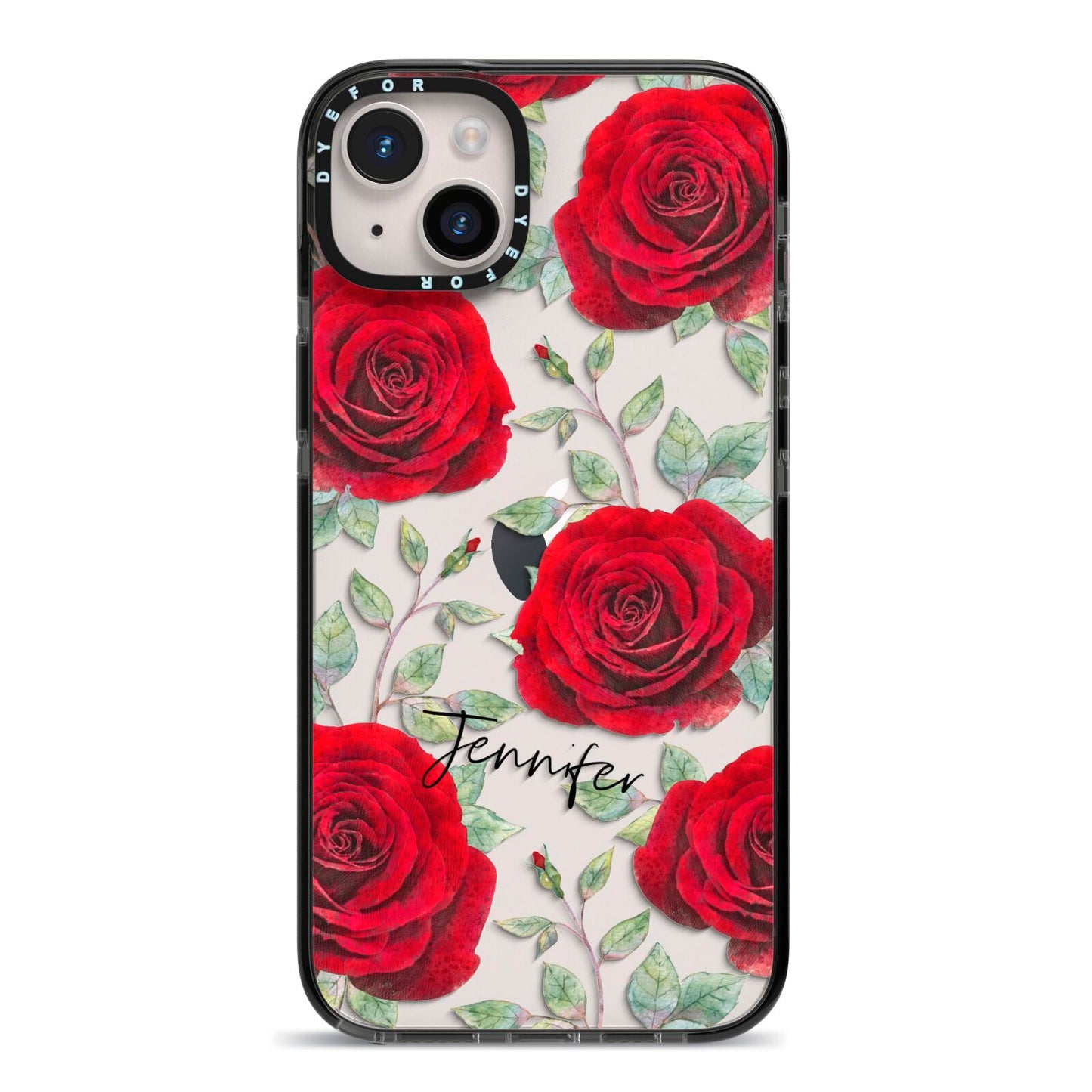 Personalised Red Roses iPhone 14 Plus Black Impact Case on Silver phone