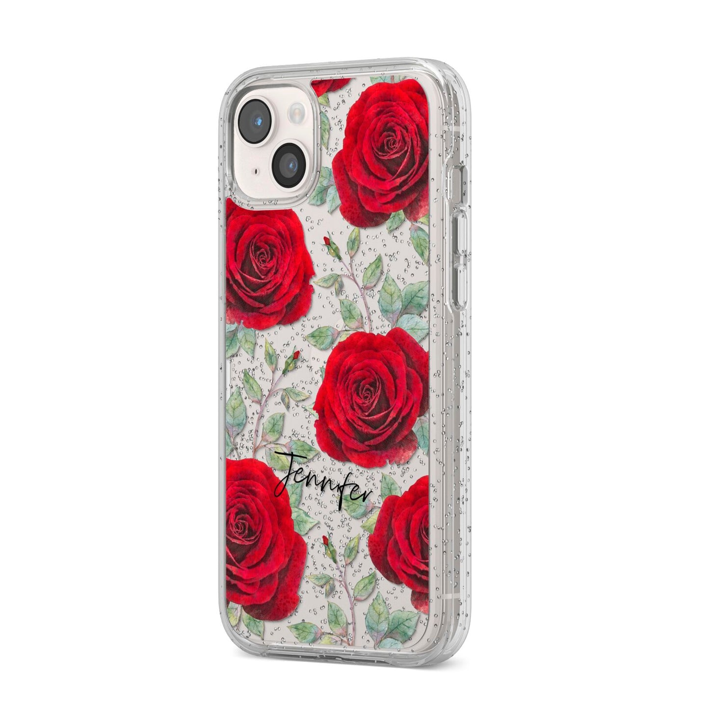 Personalised Red Roses iPhone 14 Plus Glitter Tough Case Starlight Angled Image