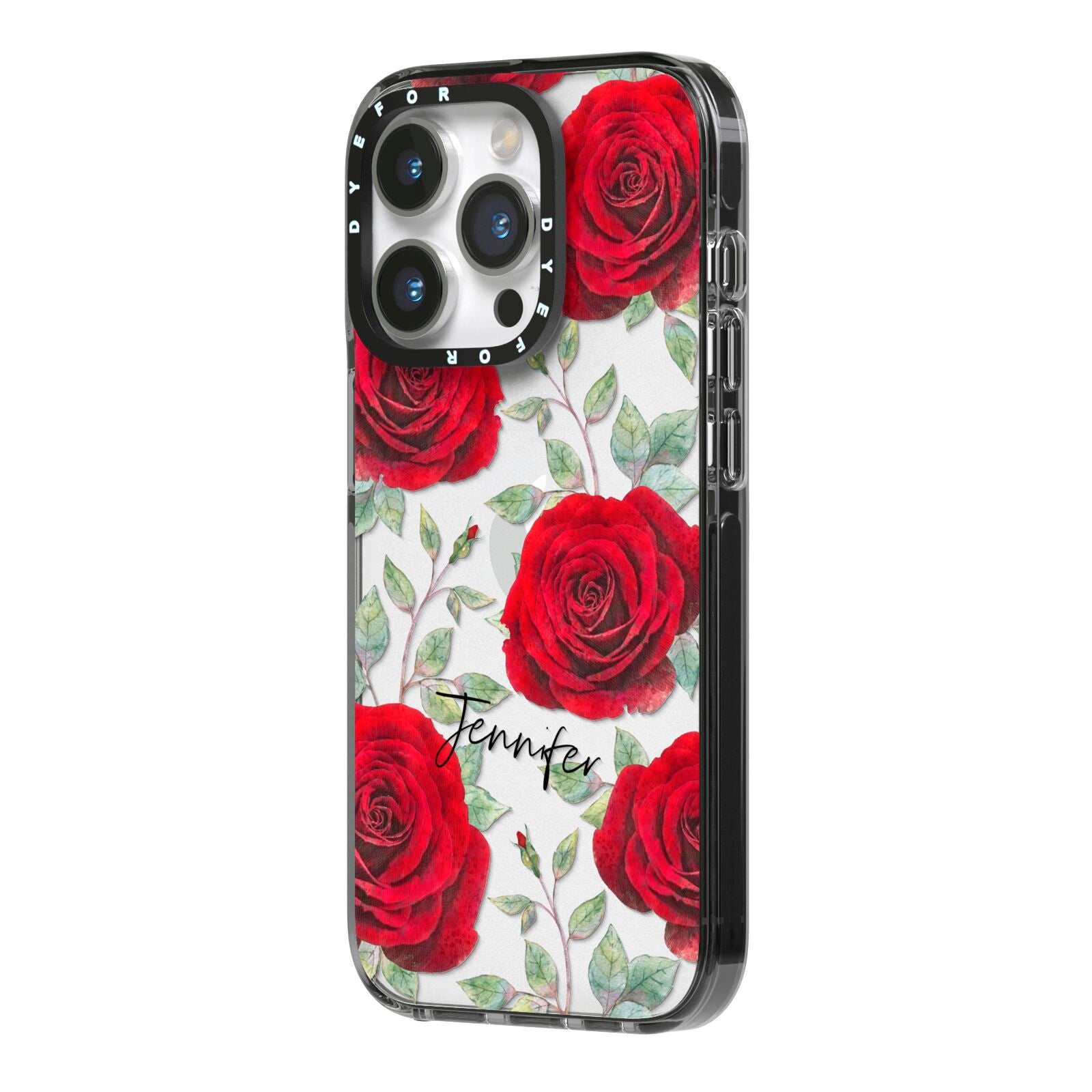 Personalised Red Roses iPhone 14 Pro Black Impact Case Side Angle on Silver phone
