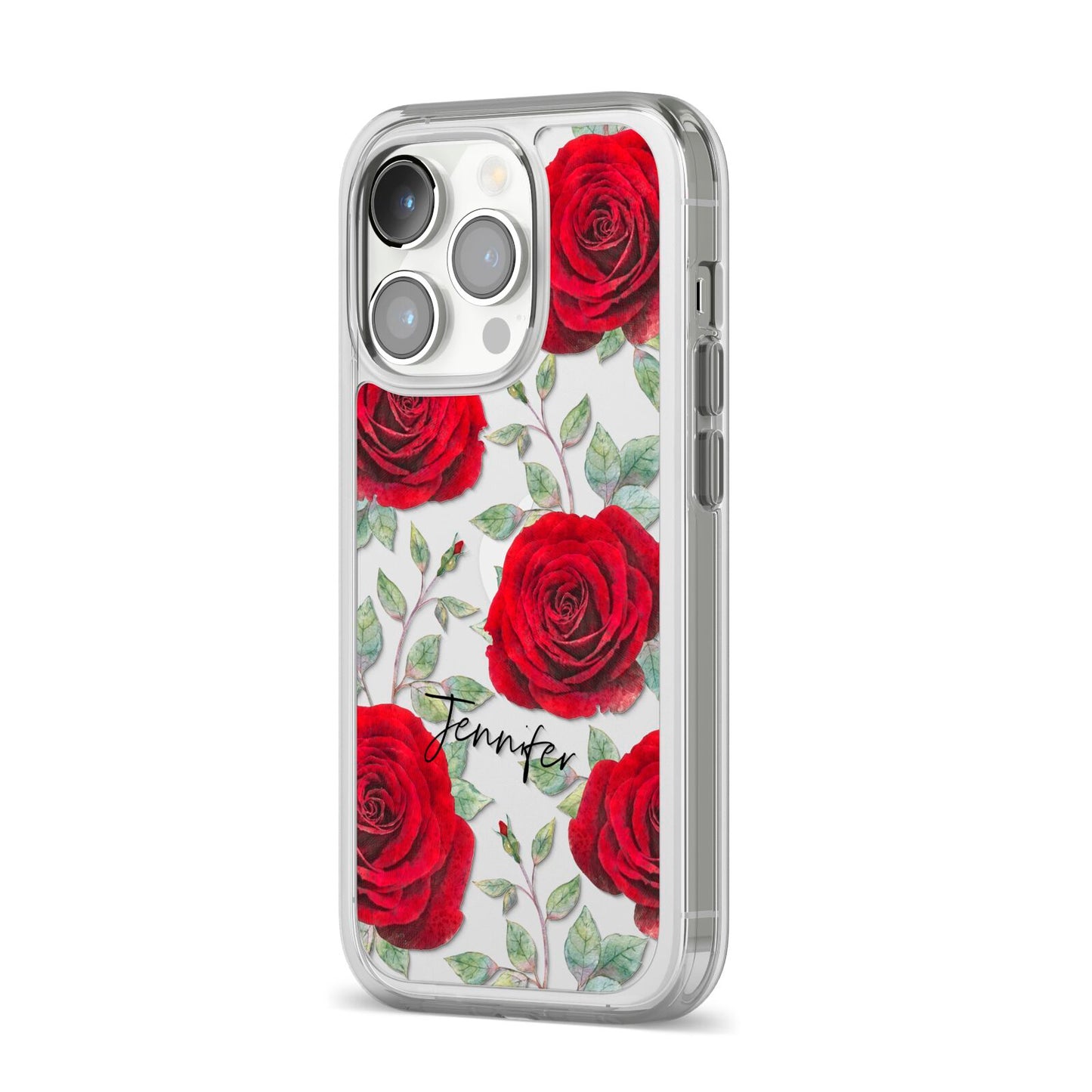 Personalised Red Roses iPhone 14 Pro Clear Tough Case Silver Angled Image