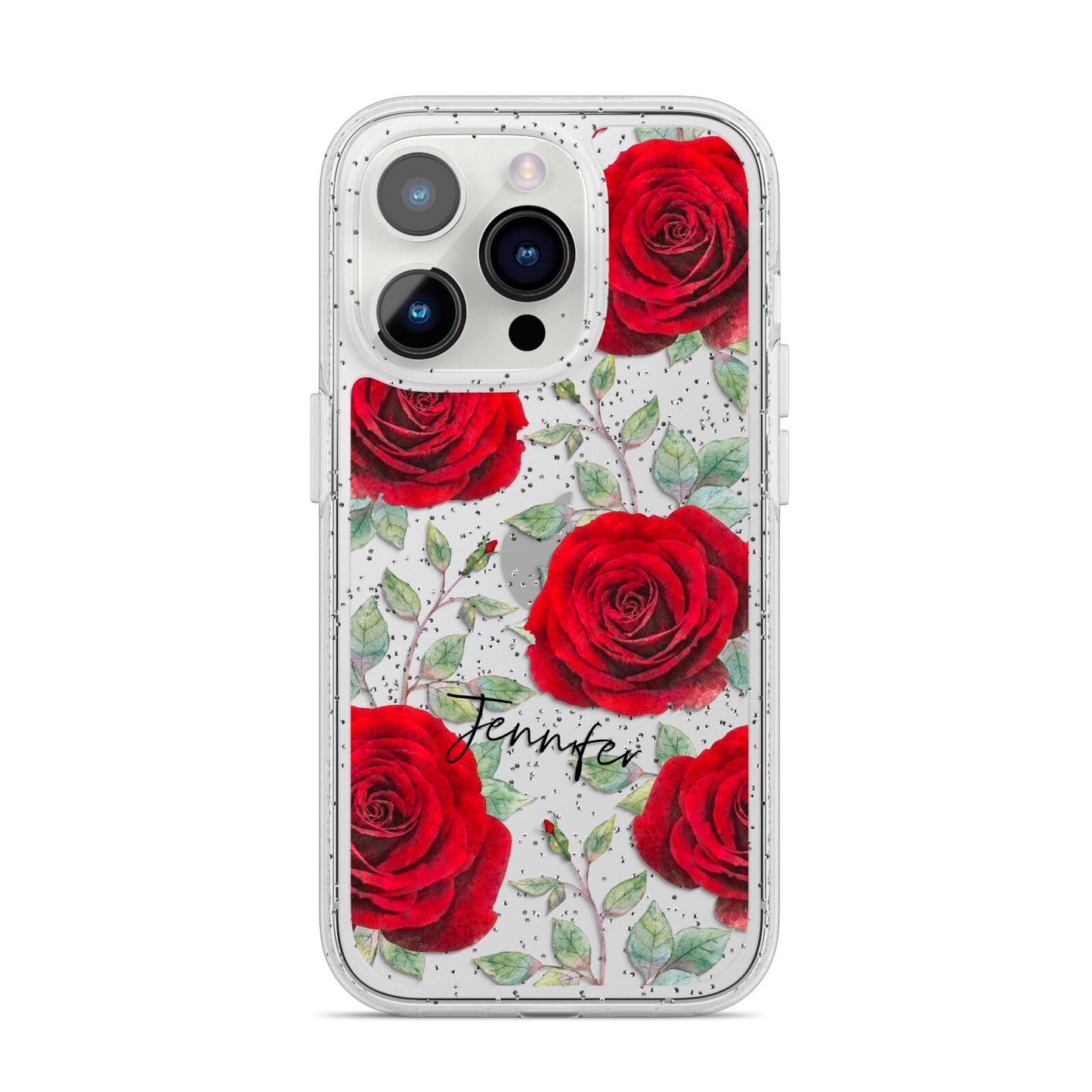 Personalised Red Roses iPhone 14 Pro Glitter Tough Case Silver