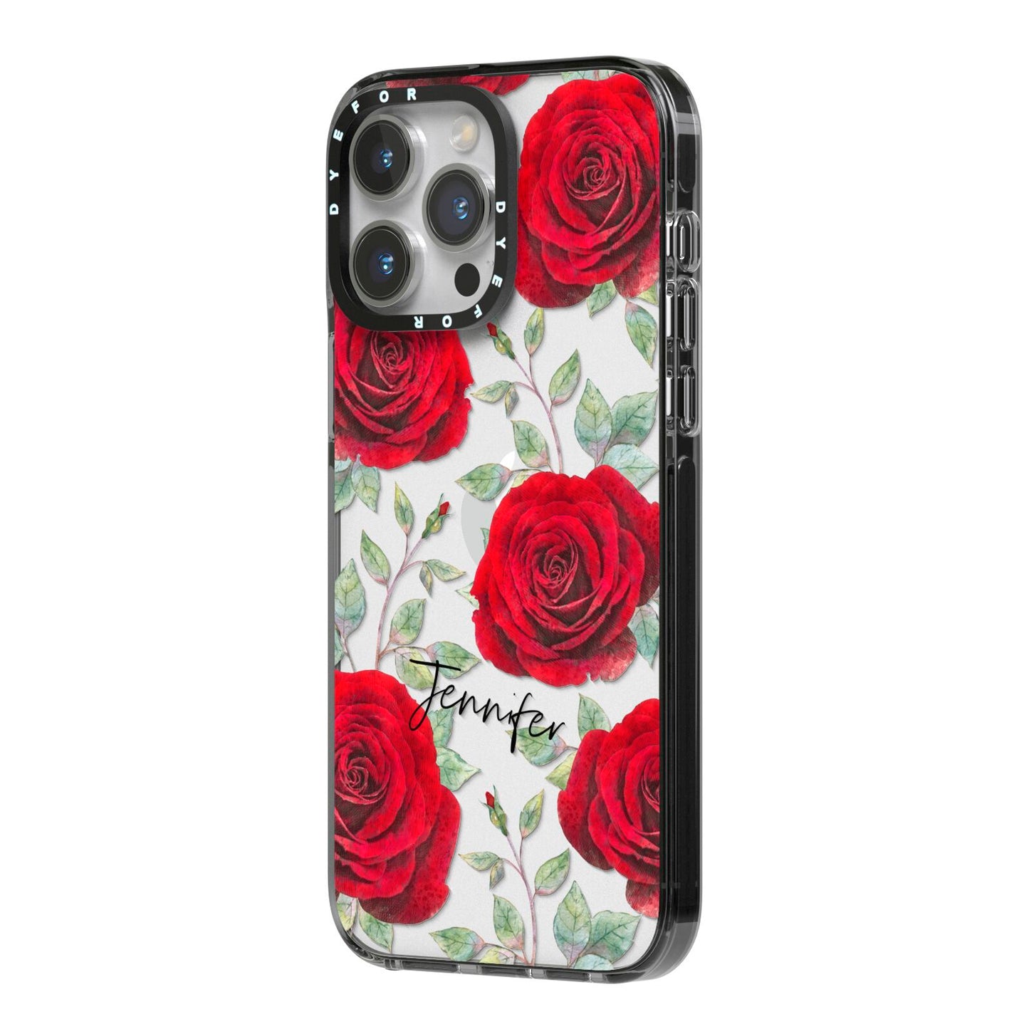Personalised Red Roses iPhone 14 Pro Max Black Impact Case Side Angle on Silver phone