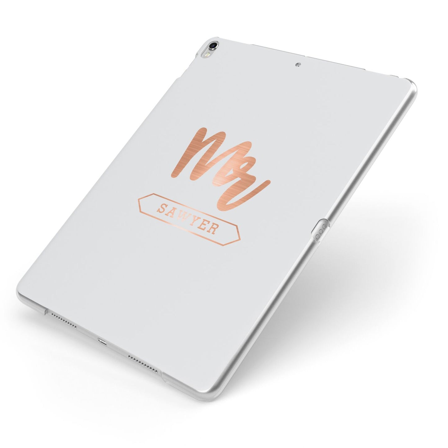 Personalised Rose Gold Mr Surname On Grey Apple iPad Case on Silver iPad Side View