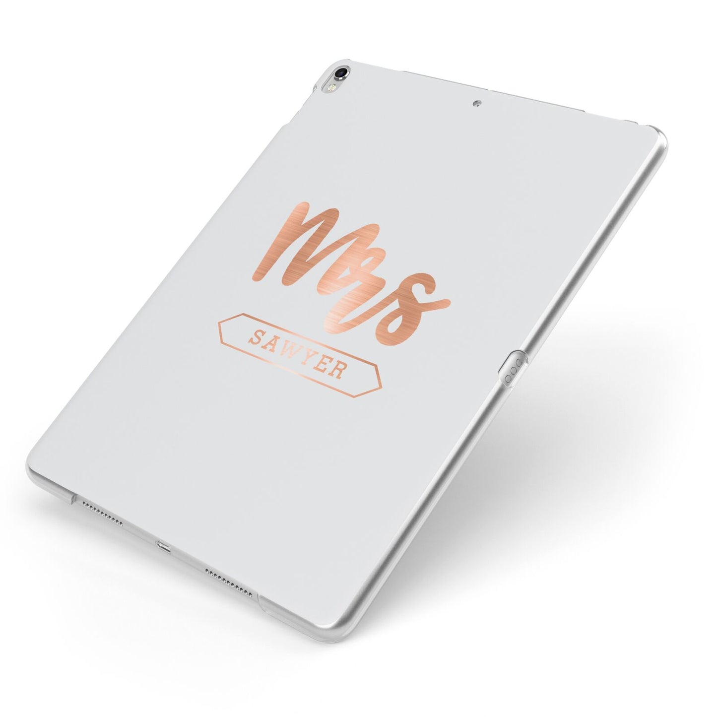Personalised Rose Gold Mrs Surname On Grey Apple iPad Case on Silver iPad Side View