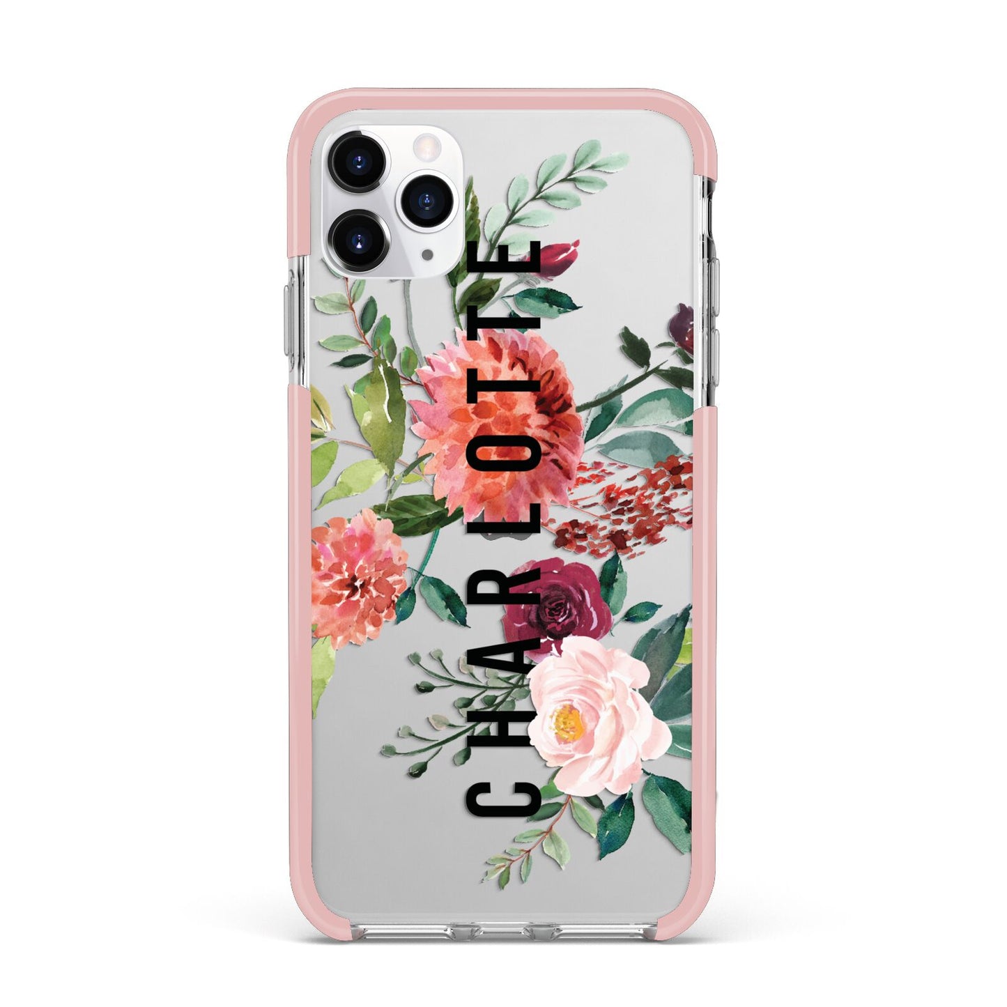 Personalised Side Name Clear Floral iPhone 11 Pro Max Impact Pink Edge Case