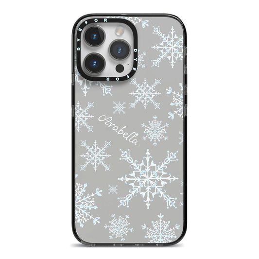 Personalised Snowflake iPhone 14 Pro Max Black Impact Case on Silver phone