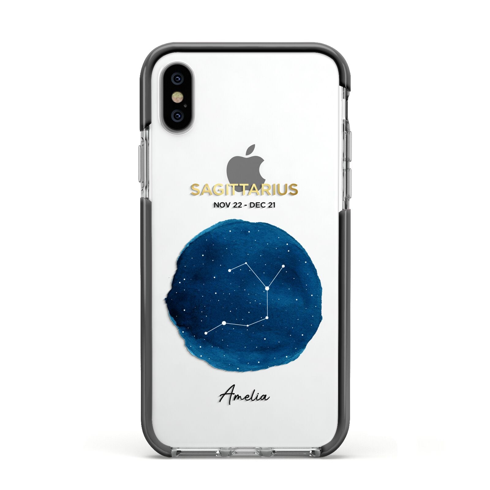 Personalised Star Sign Apple iPhone Xs Impact Case Black Edge on Silver Phone