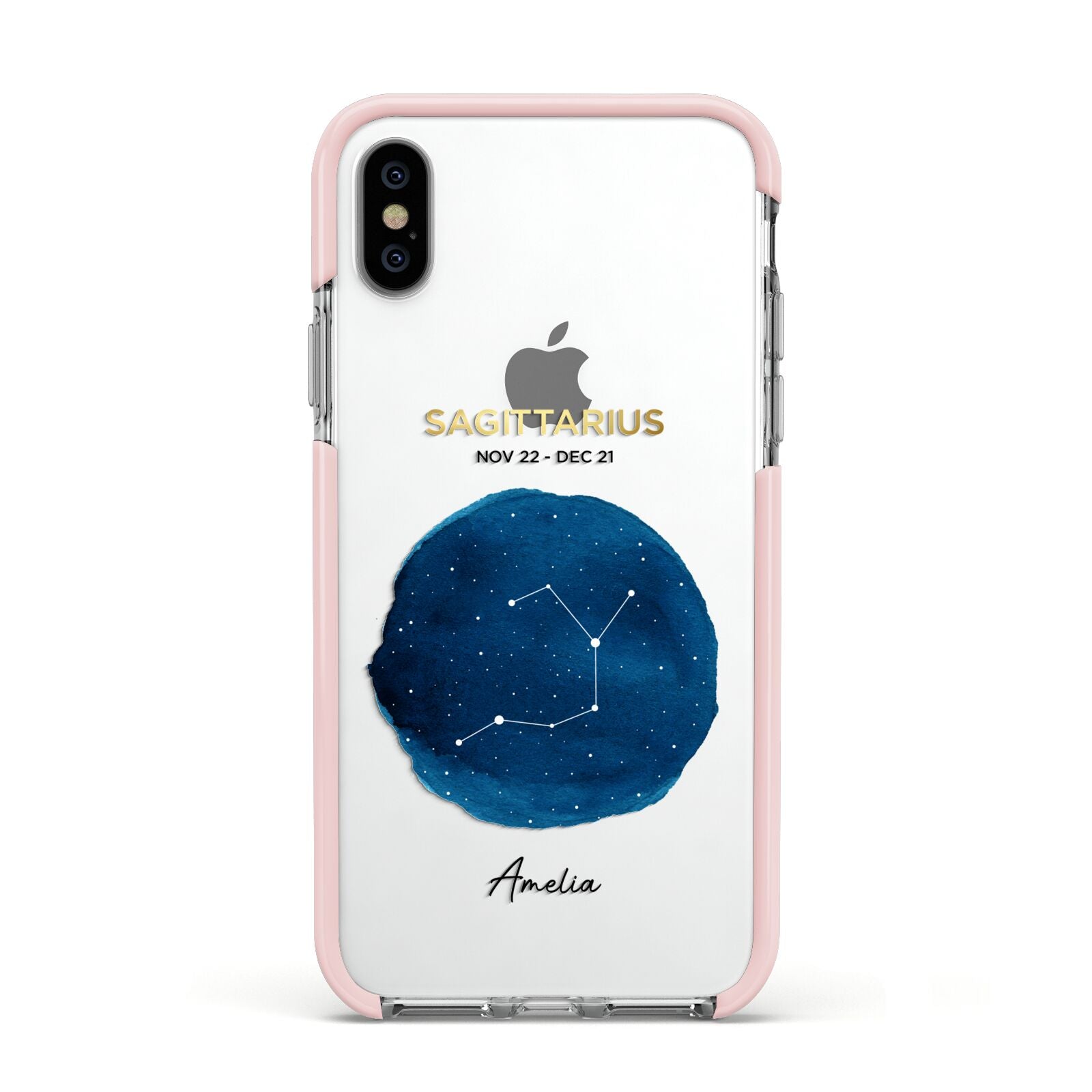 Personalised Star Sign Apple iPhone Xs Impact Case Pink Edge on Silver Phone