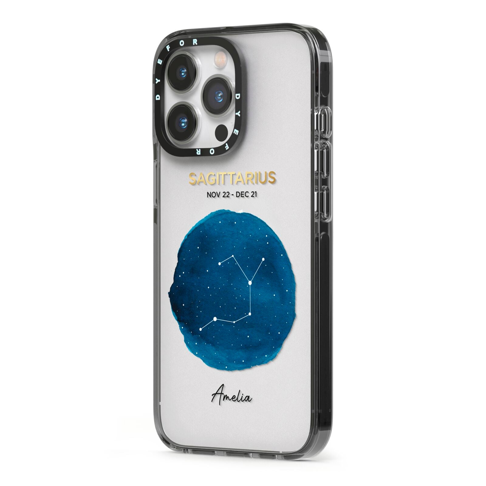 Personalised Star Sign iPhone 13 Pro Black Impact Case Side Angle on Silver phone