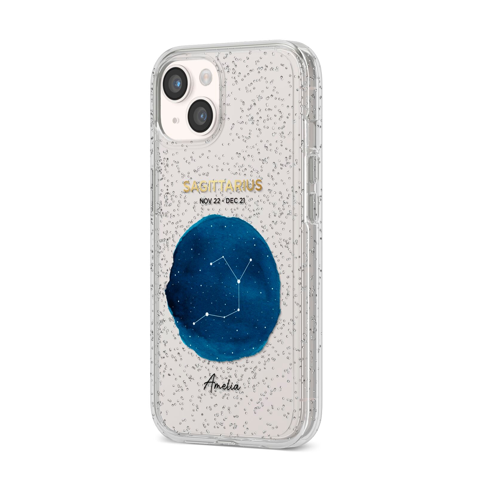 Personalised Star Sign iPhone 14 Glitter Tough Case Starlight Angled Image