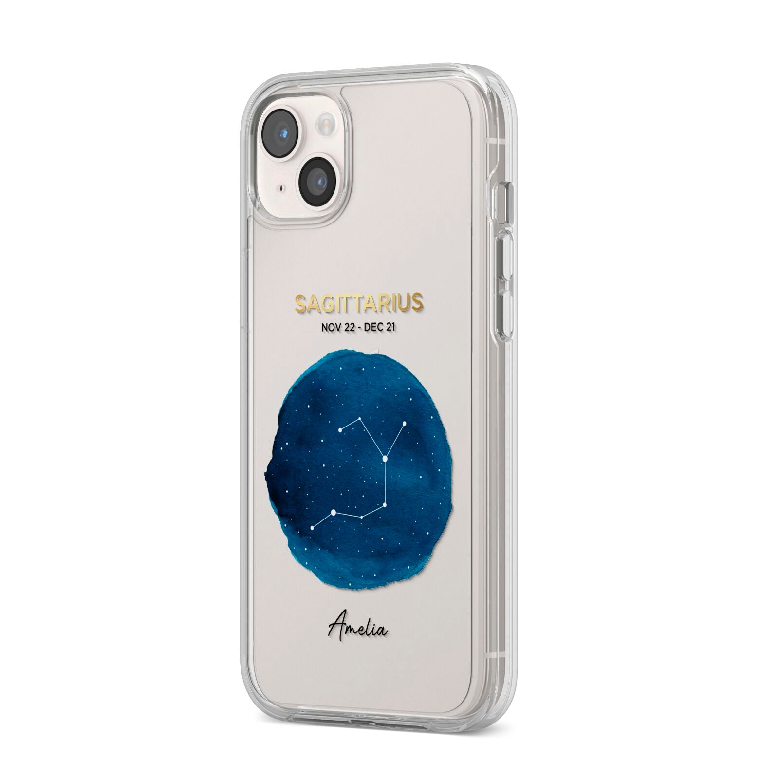 Personalised Star Sign iPhone 14 Plus Clear Tough Case Starlight Angled Image