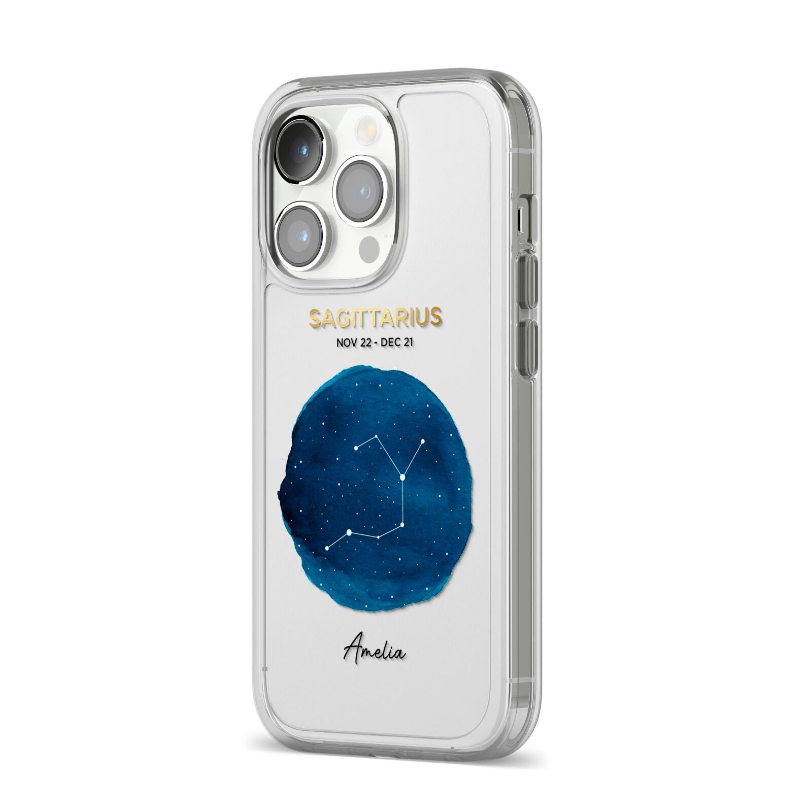 Personalised Star Sign iPhone 14 Pro Clear Tough Case Silver Angled Image