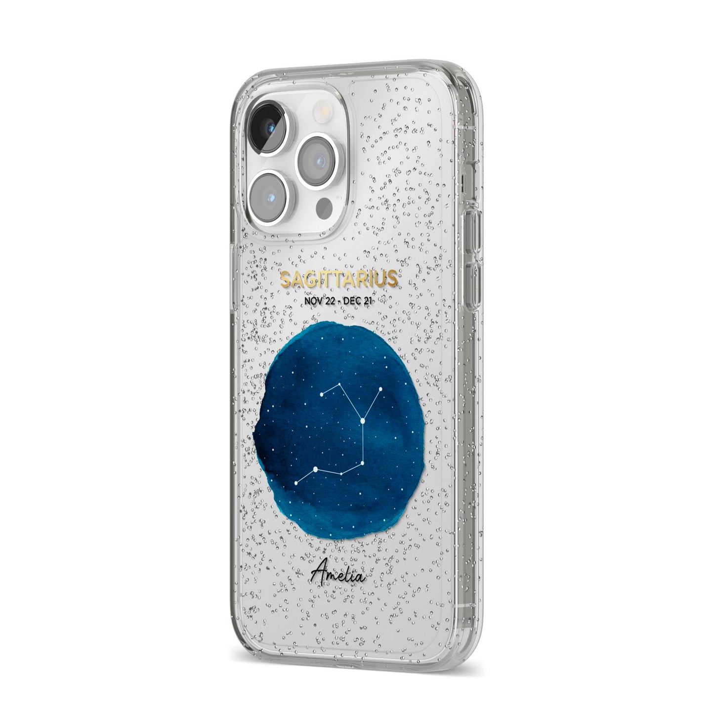 Personalised Star Sign iPhone 14 Pro Max Glitter Tough Case Silver Angled Image