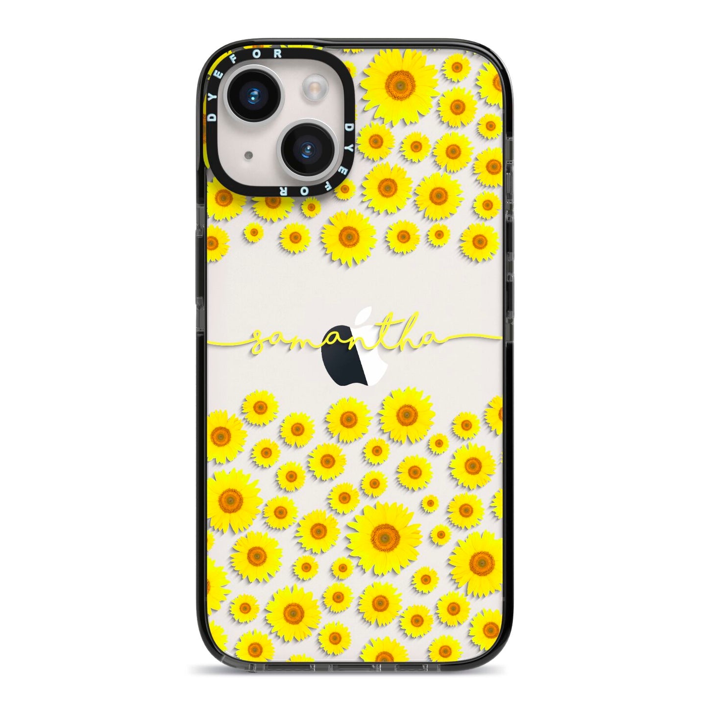 Personalised Sunflower iPhone 14 Black Impact Case on Silver phone