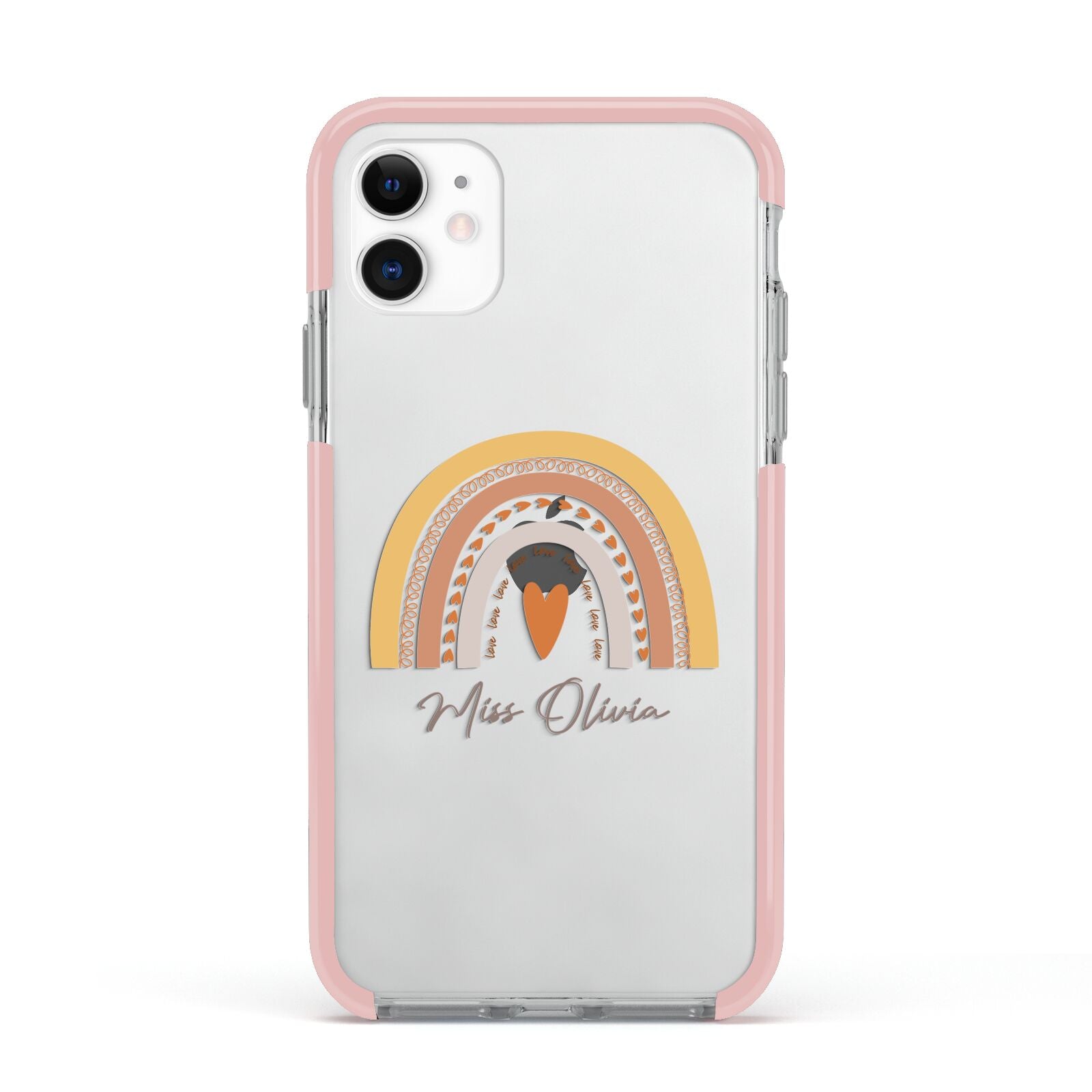Personalised Teacher Neutral Rainbow Apple iPhone 11 in White with Pink Impact Case