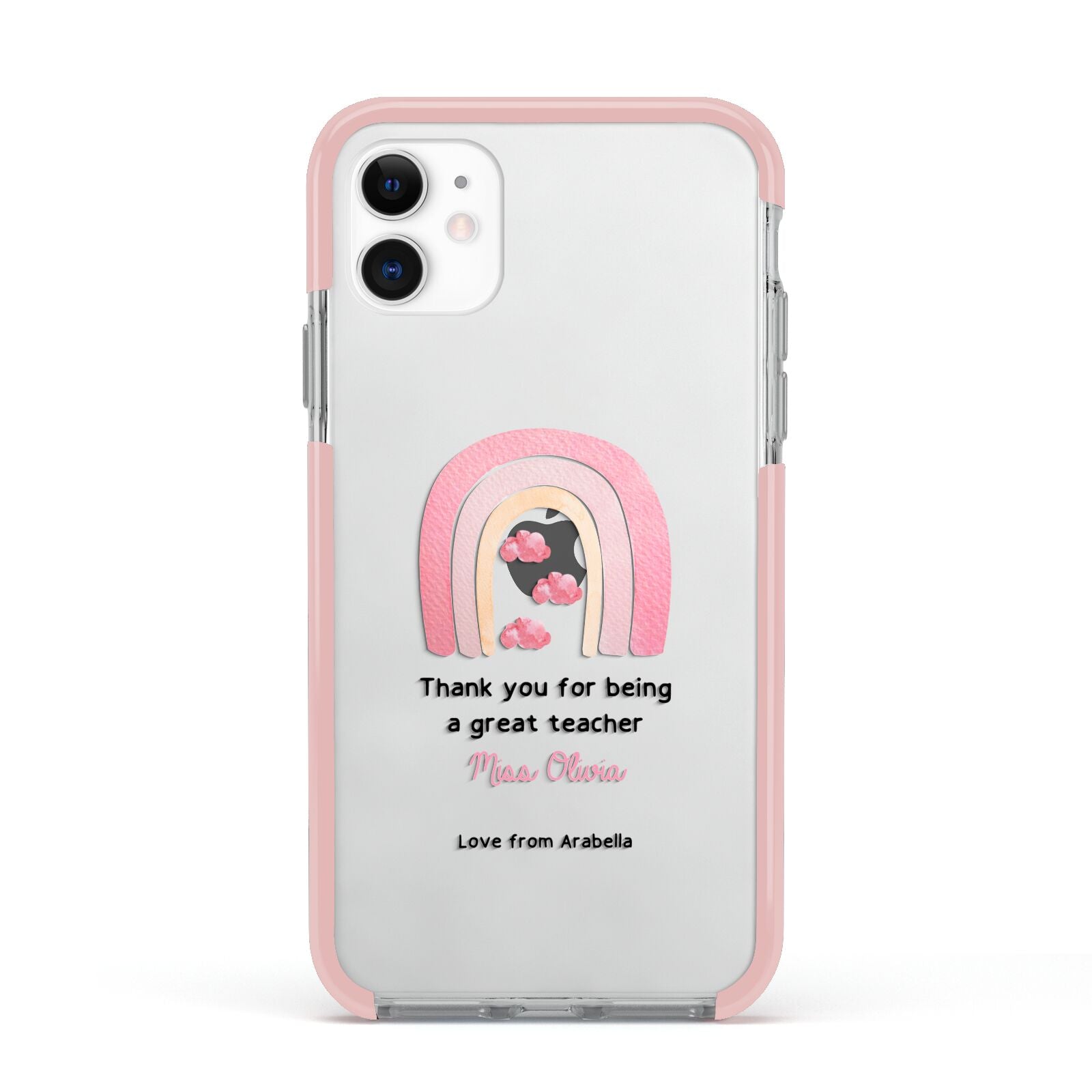 Personalised Teacher Thanks Apple iPhone 11 in White with Pink Impact Case