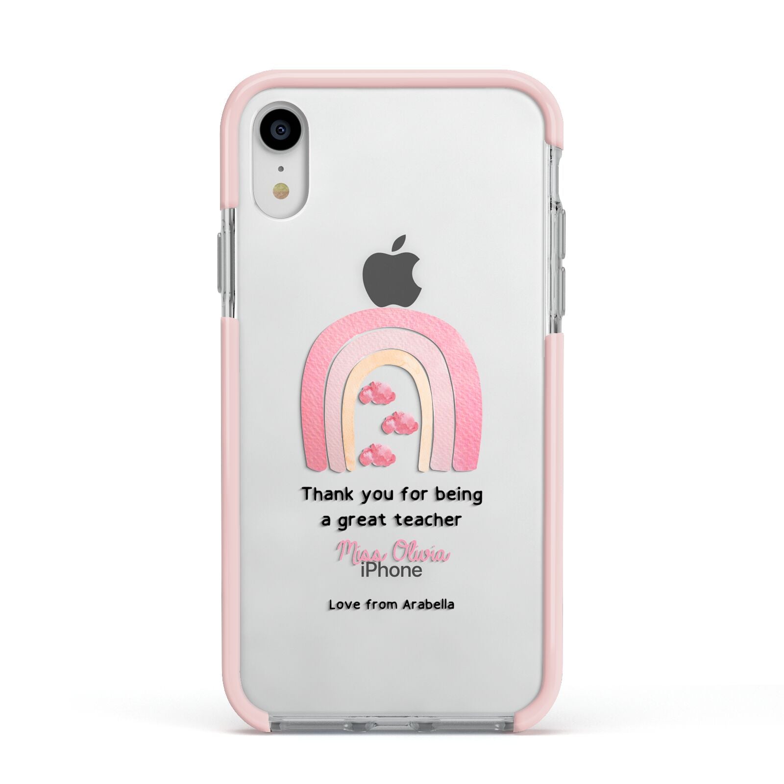 Personalised Teacher Thanks Apple iPhone XR Impact Case Pink Edge on Silver Phone