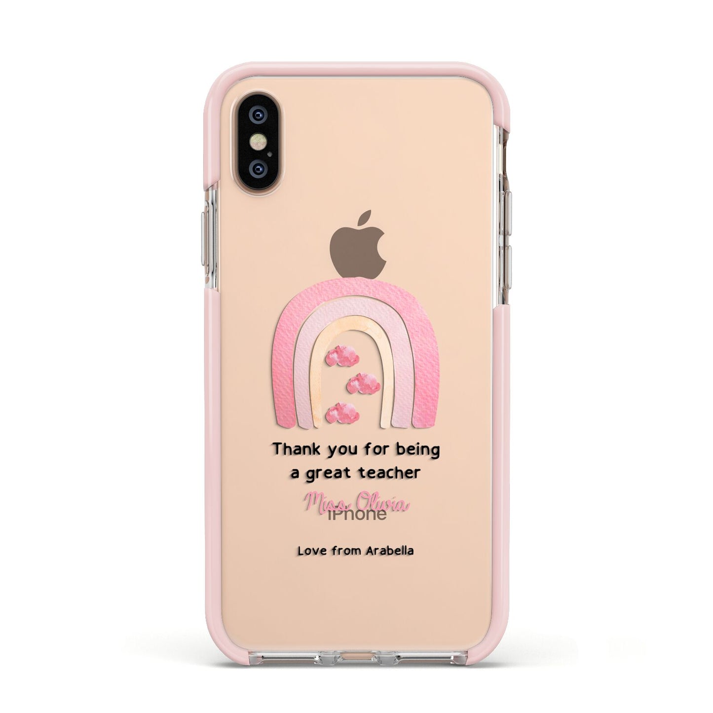 Personalised Teacher Thanks Apple iPhone Xs Impact Case Pink Edge on Gold Phone