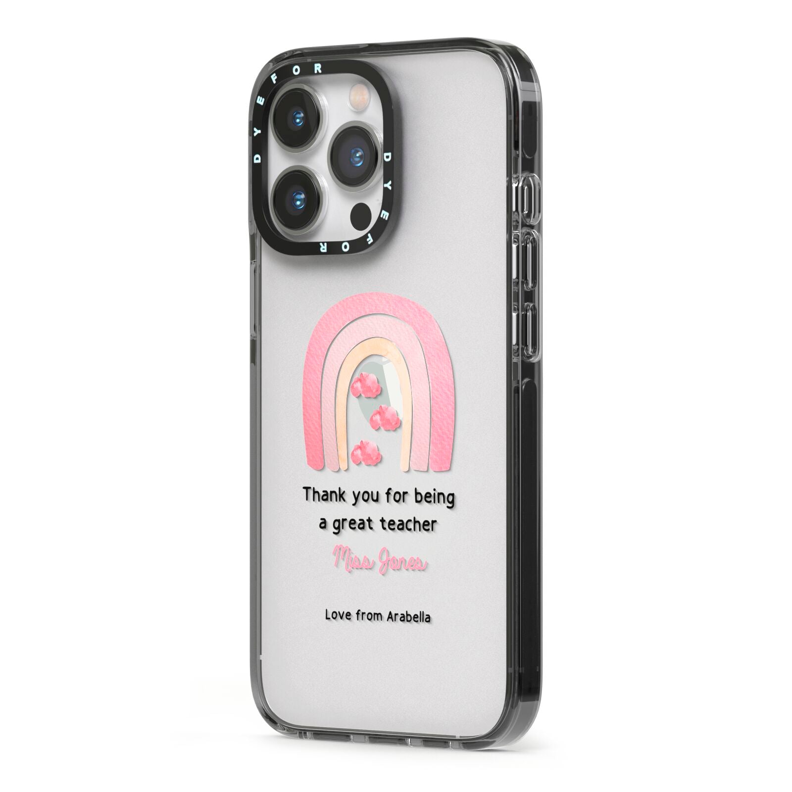 Personalised Teacher Thanks iPhone 13 Pro Black Impact Case Side Angle on Silver phone