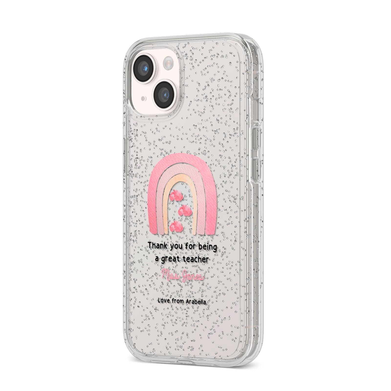Personalised Teacher Thanks iPhone 14 Glitter Tough Case Starlight Angled Image