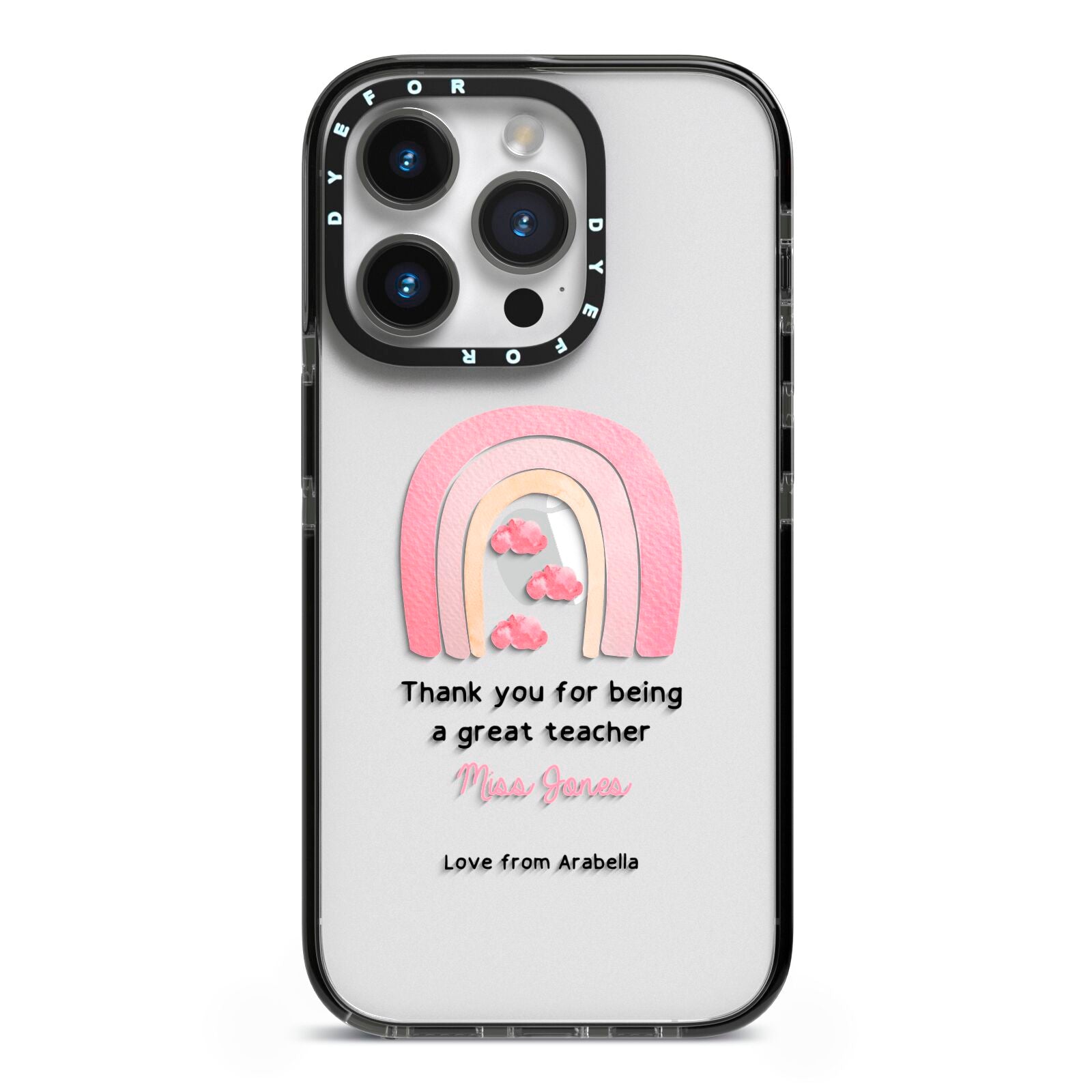 Personalised Teacher Thanks iPhone 14 Pro Black Impact Case on Silver phone
