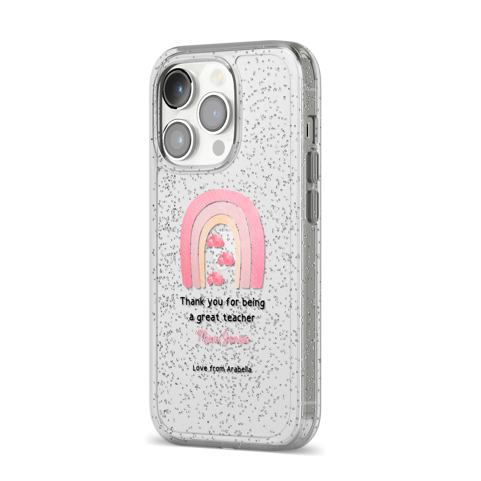 Personalised Teacher Thanks iPhone 14 Pro Glitter Tough Case Silver Angled Image