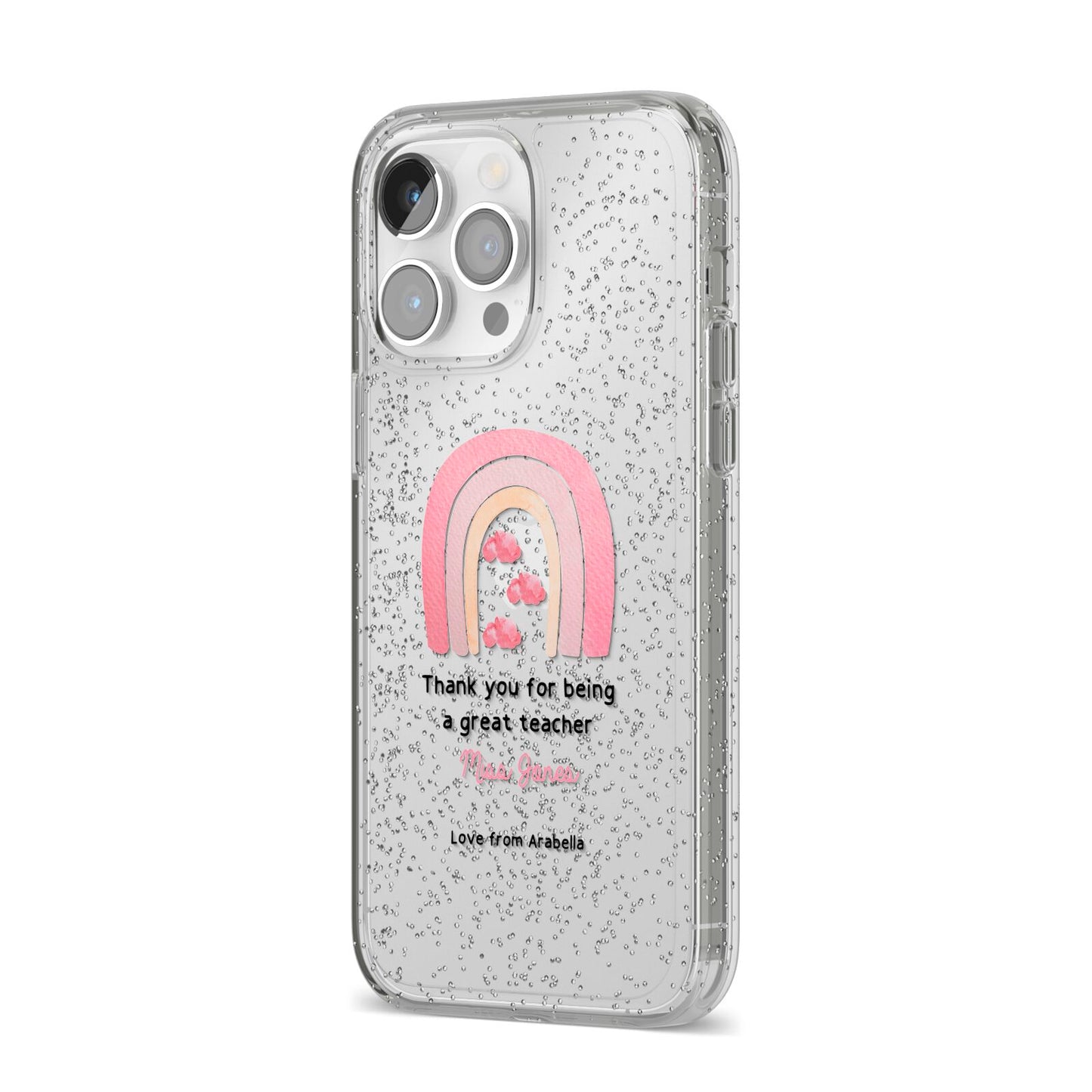 Personalised Teacher Thanks iPhone 14 Pro Max Glitter Tough Case Silver Angled Image
