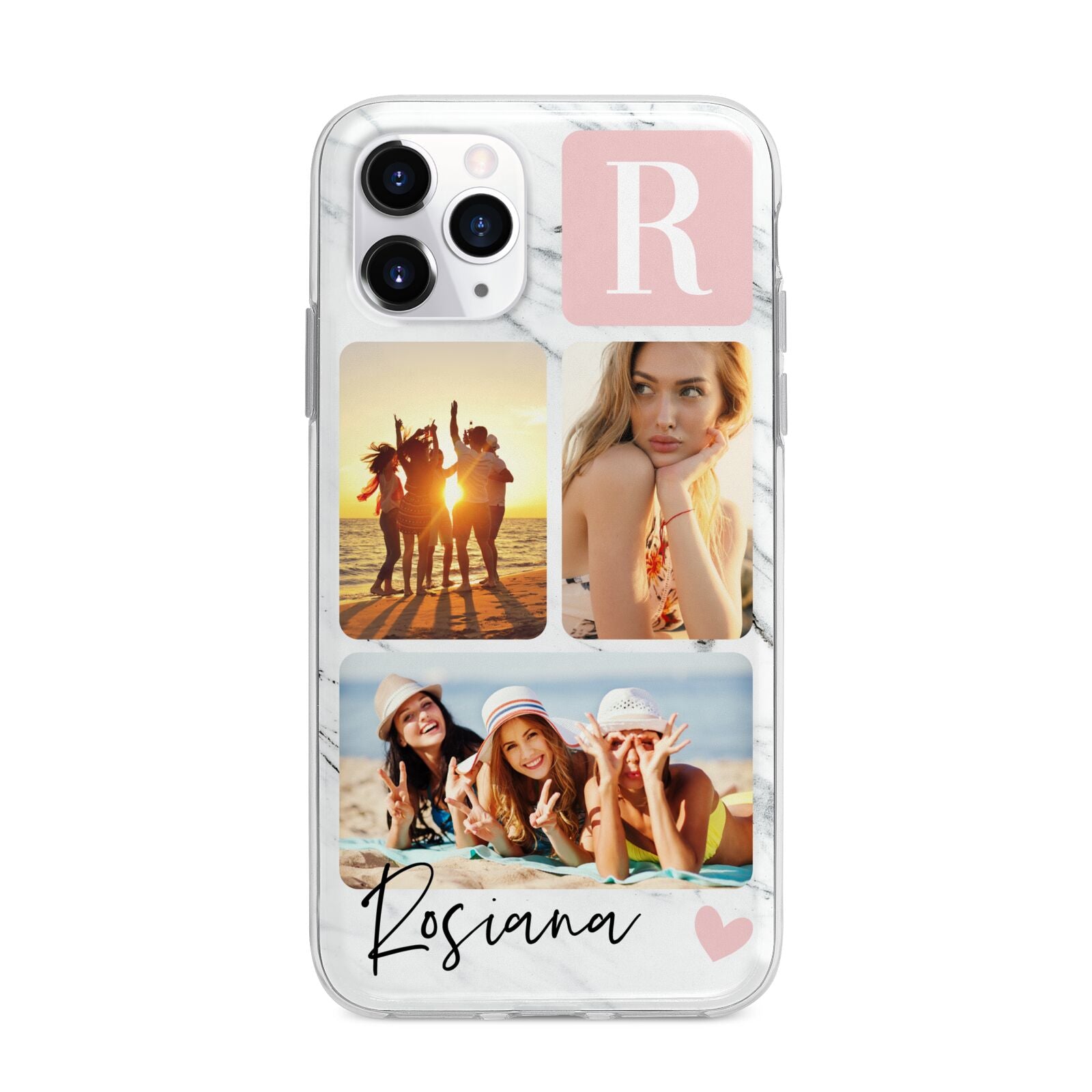 Personalised Three Photo Marble Name Apple iPhone 11 Pro in Silver with Bumper Case