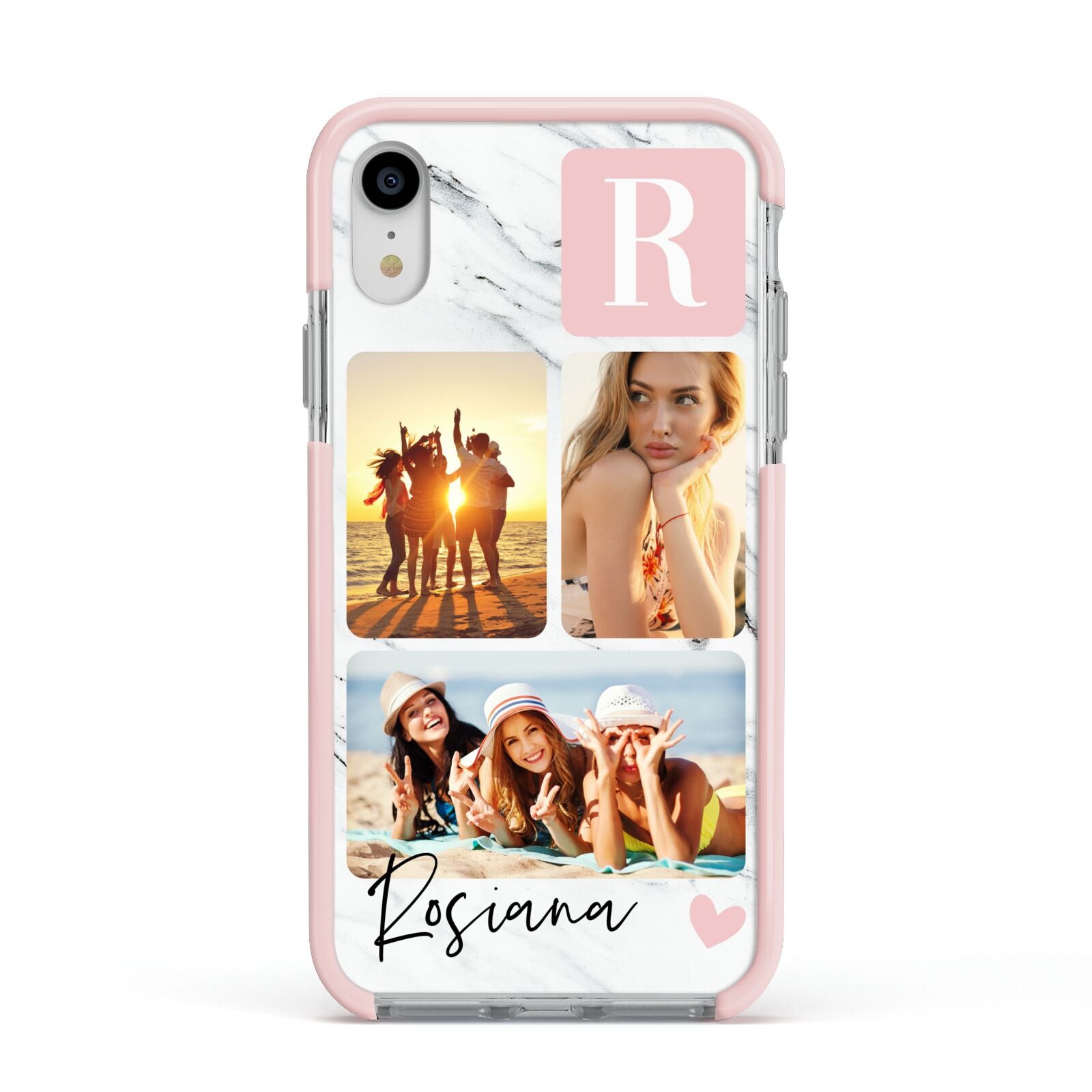 Personalised Three Photo Marble Name Apple iPhone XR Impact Case Pink Edge on Silver Phone