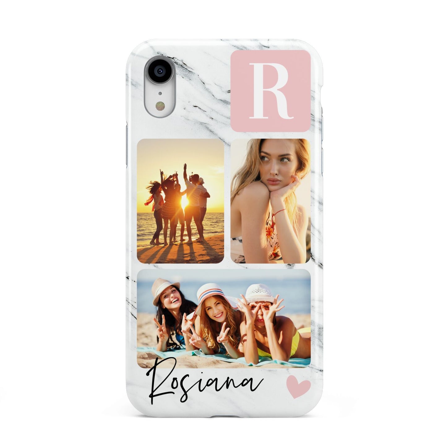 Personalised Three Photo Marble Name Apple iPhone XR White 3D Tough Case