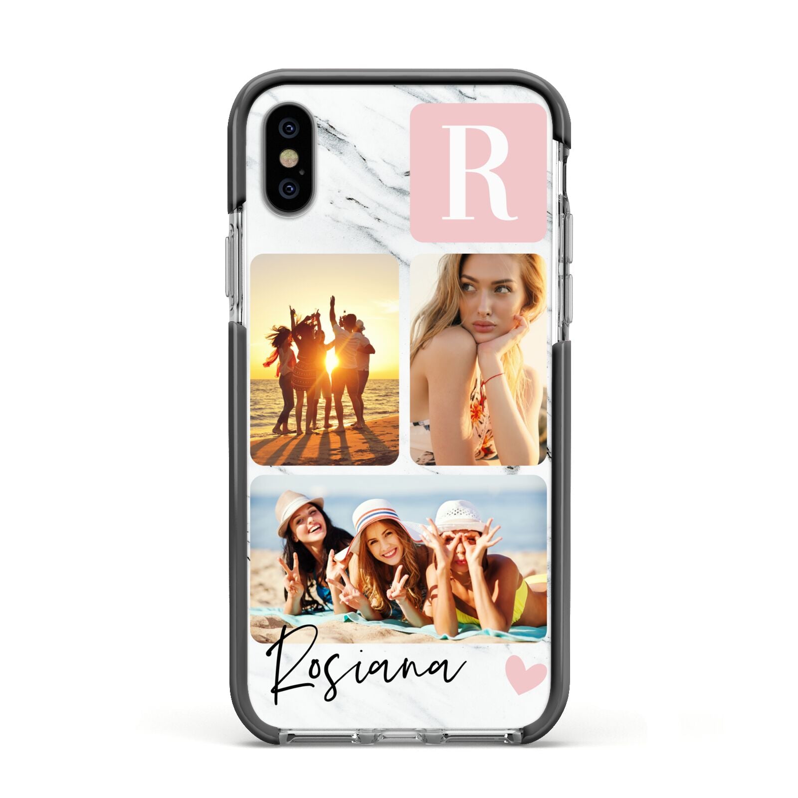 Personalised Three Photo Marble Name Apple iPhone Xs Impact Case Black Edge on Silver Phone